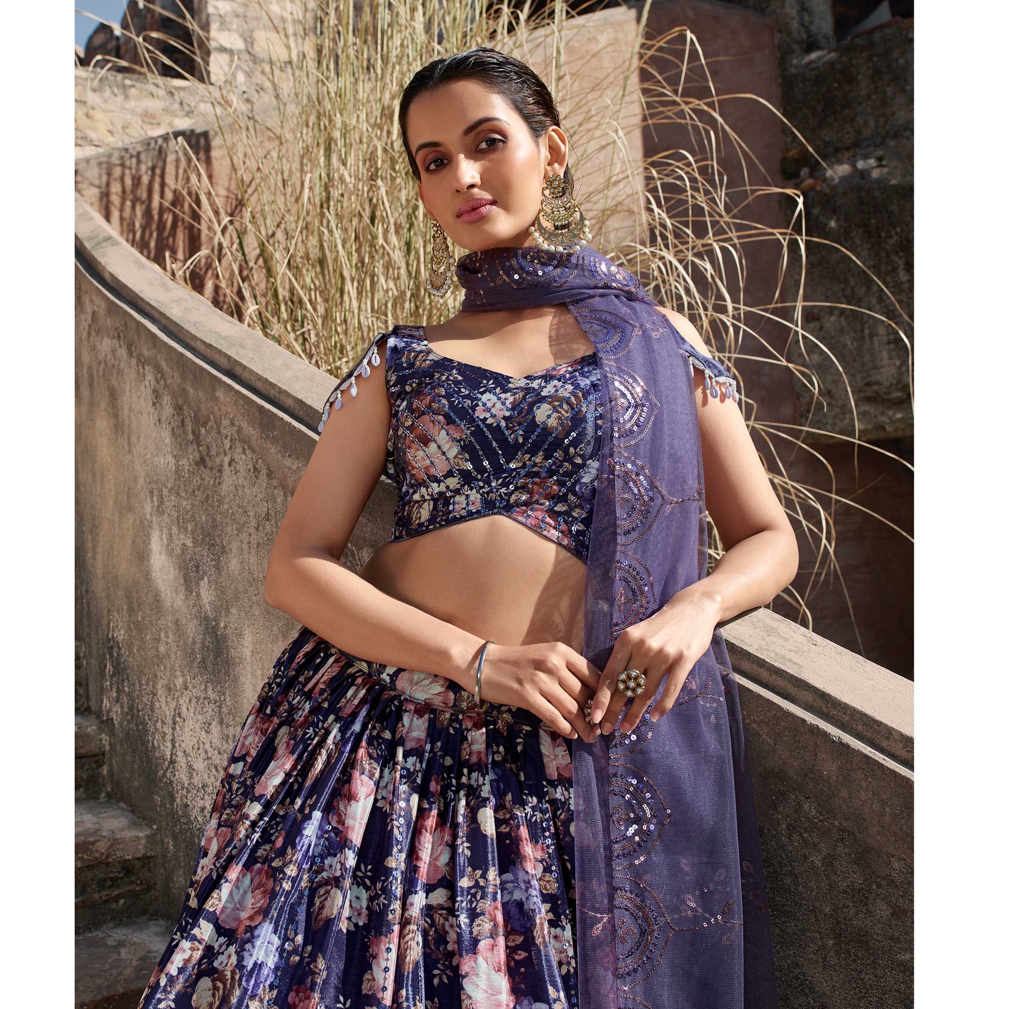 Purple Printed With Sequins Embroidered Georgette Lehenga Choli