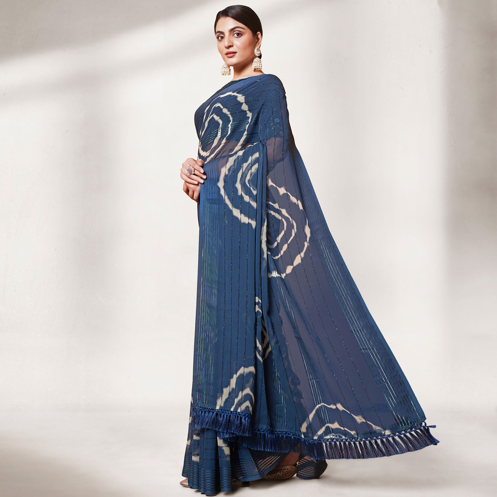 Teal Blue Printed Wiht Embroidered Georgette Saree