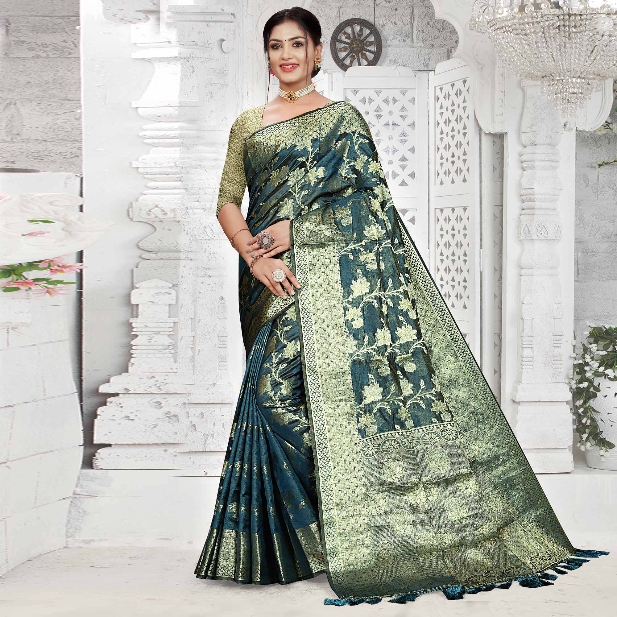 Teal Blue Floral Woven Organza Saree With Tassels