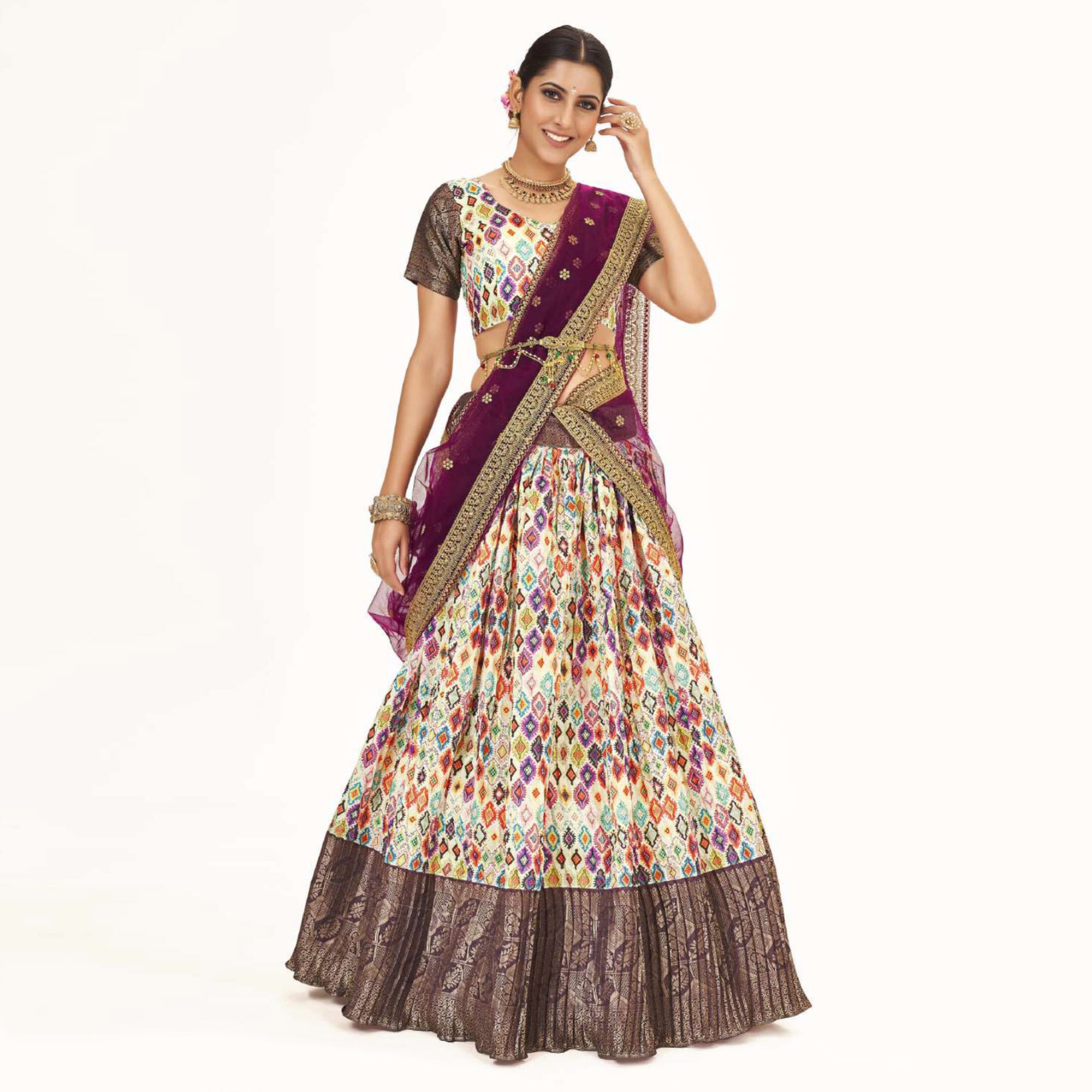 Light Lime Yellow Digital Printed With Zari Work Art Silk Lehenga Choli