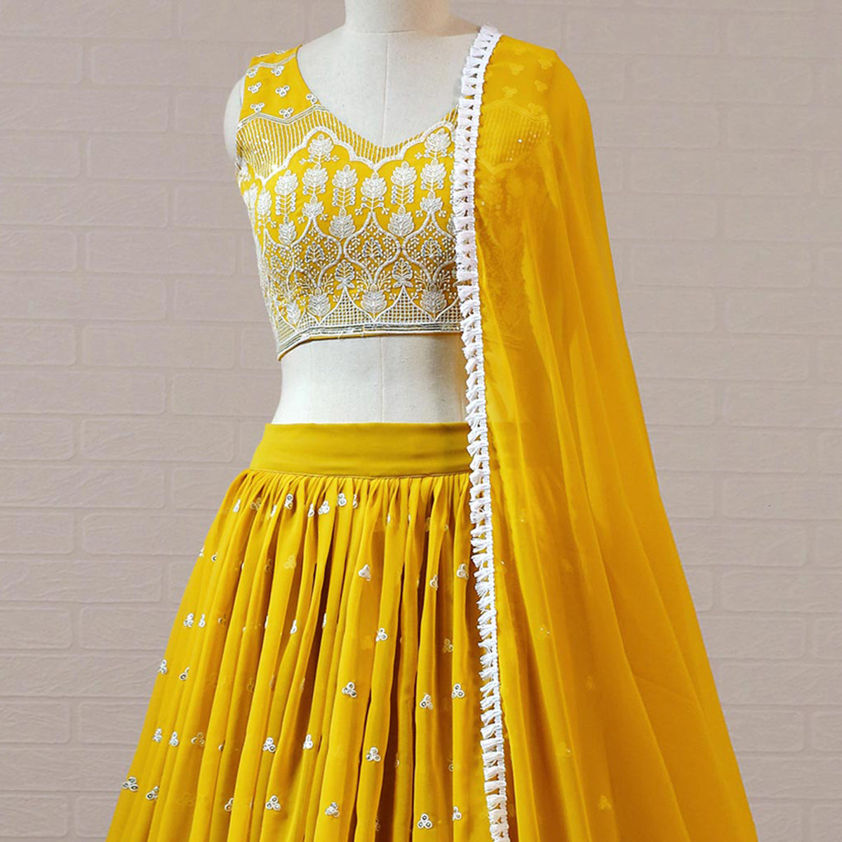 Mustard Sequins Embroidered Georgette Lehenga Choli