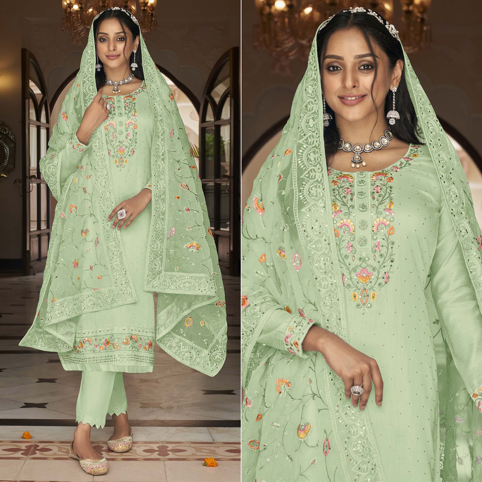 Green Floral Embroidered Georgette Salwar Suit