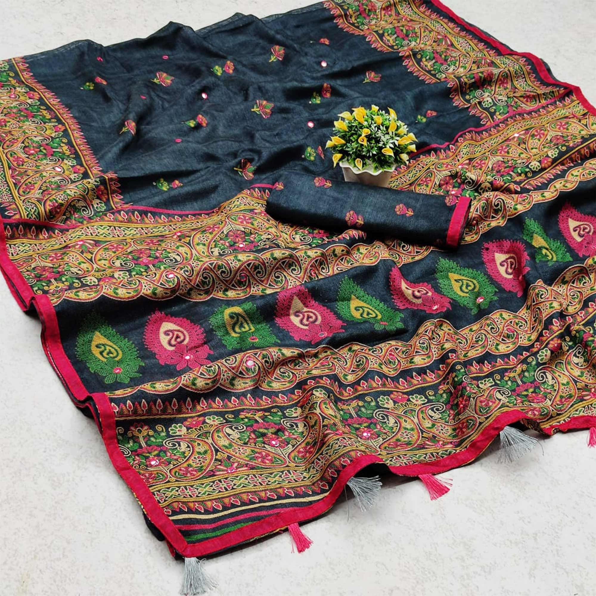 Dark Grey Printed Cotton Blend Saree With Tassels