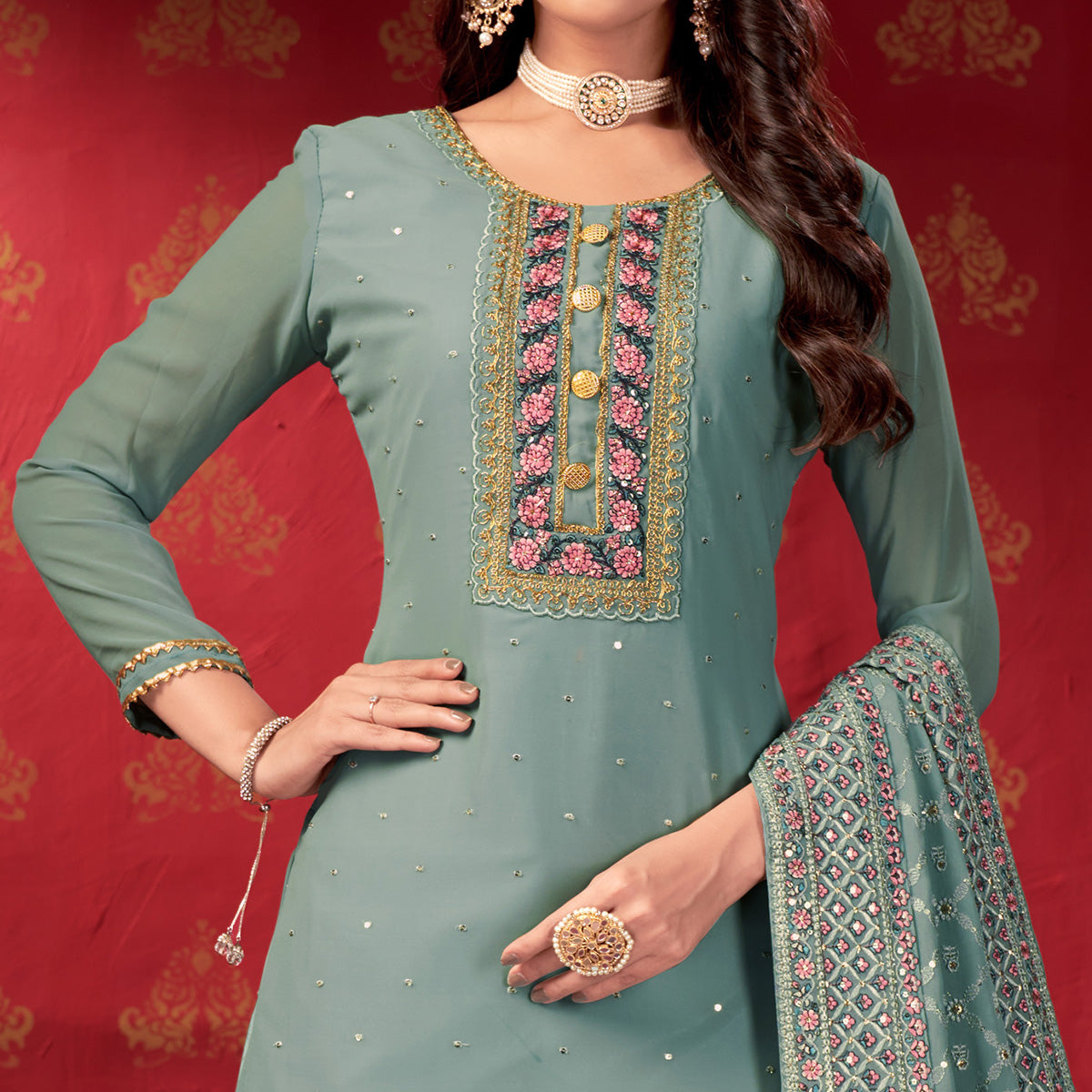 Grey Embroidered Georgette Sharara Suit