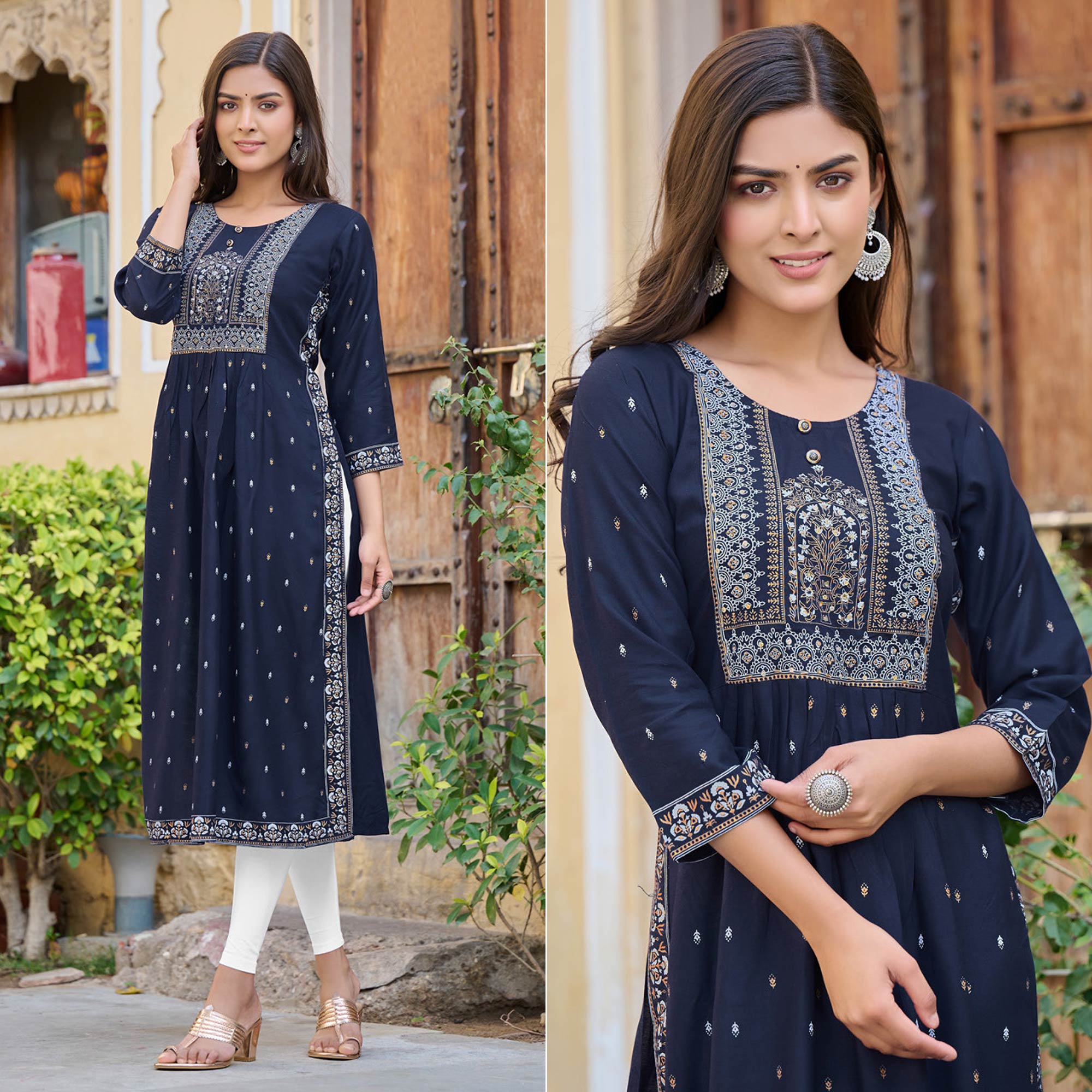 Navy Blue Printed Rayon Naira Cut Kurti