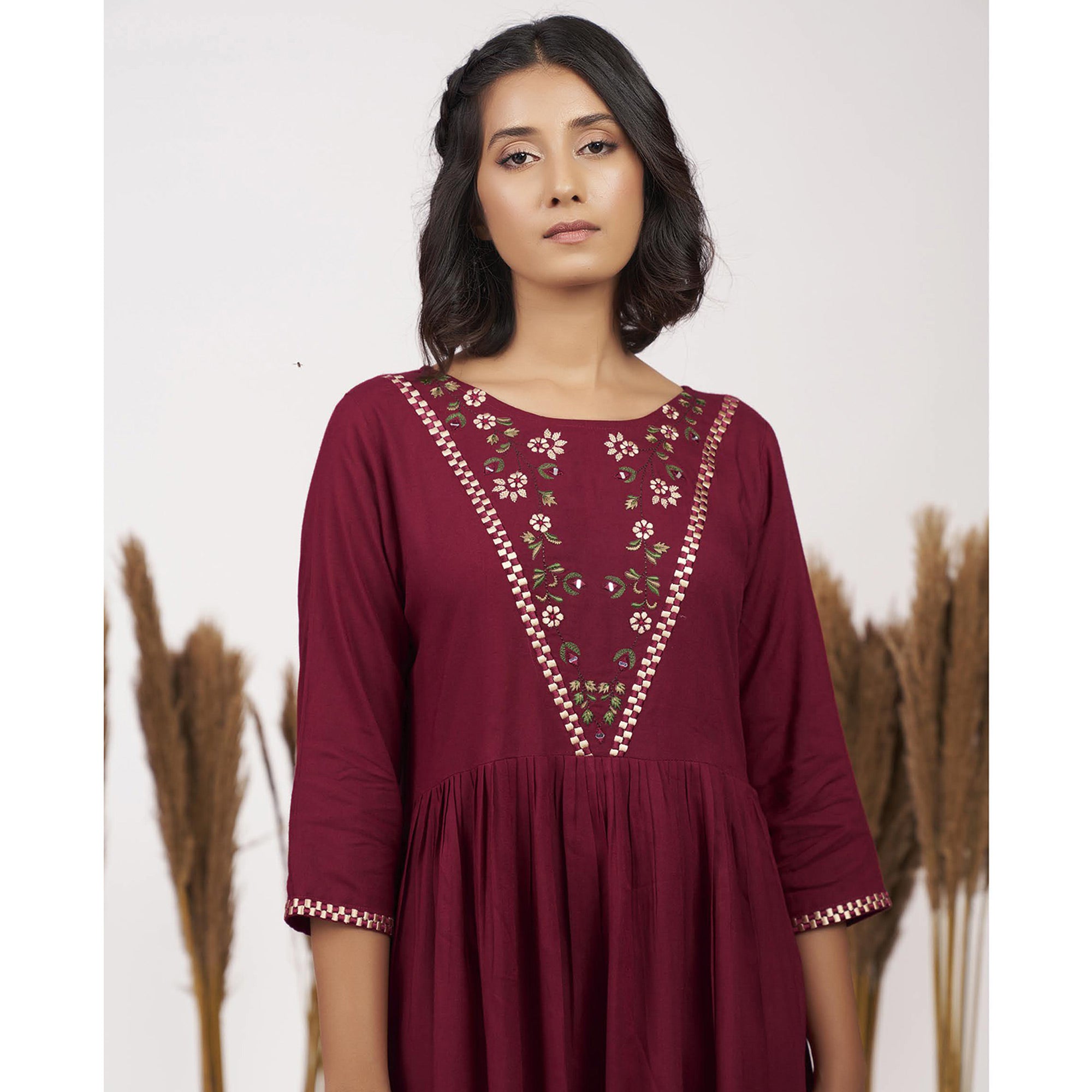 Maroon Floral Embroidered Rayon Short Dress