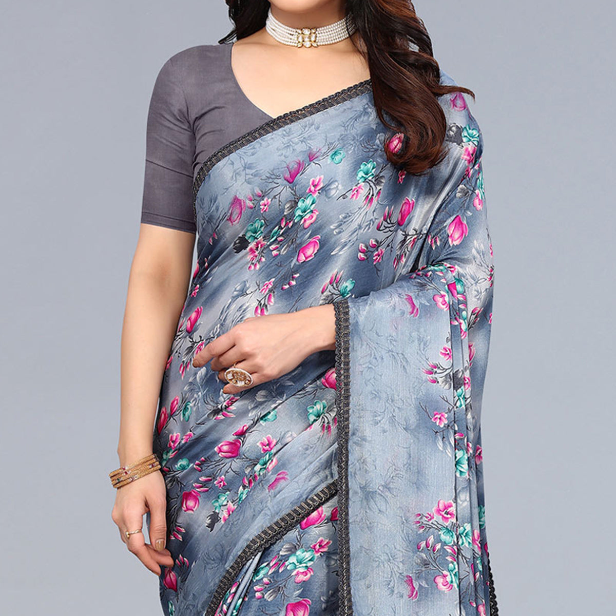Grey Floral Printed Art Silk Saree With Crochet Border