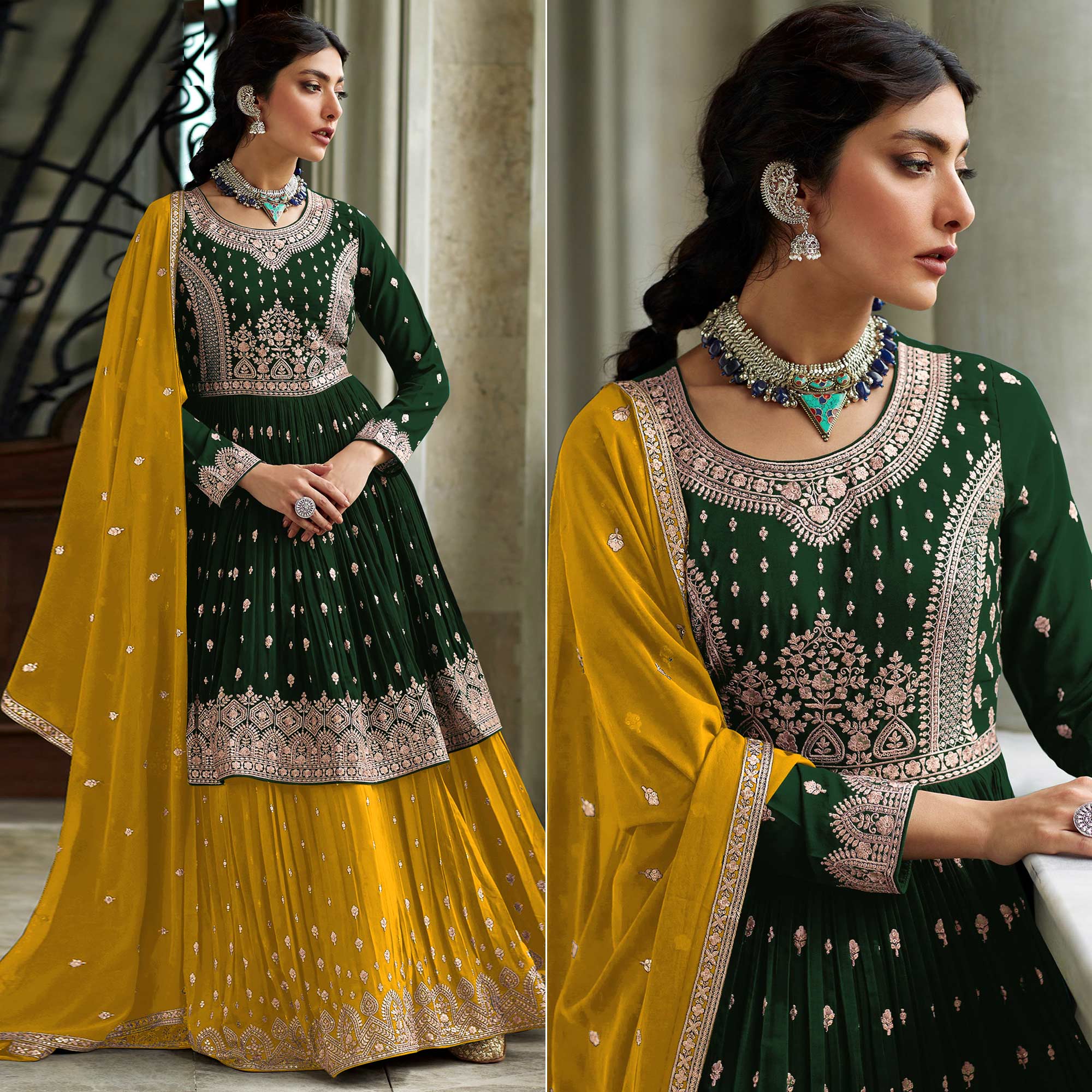 Green Floral Embroidered Georgette Sharara Suit