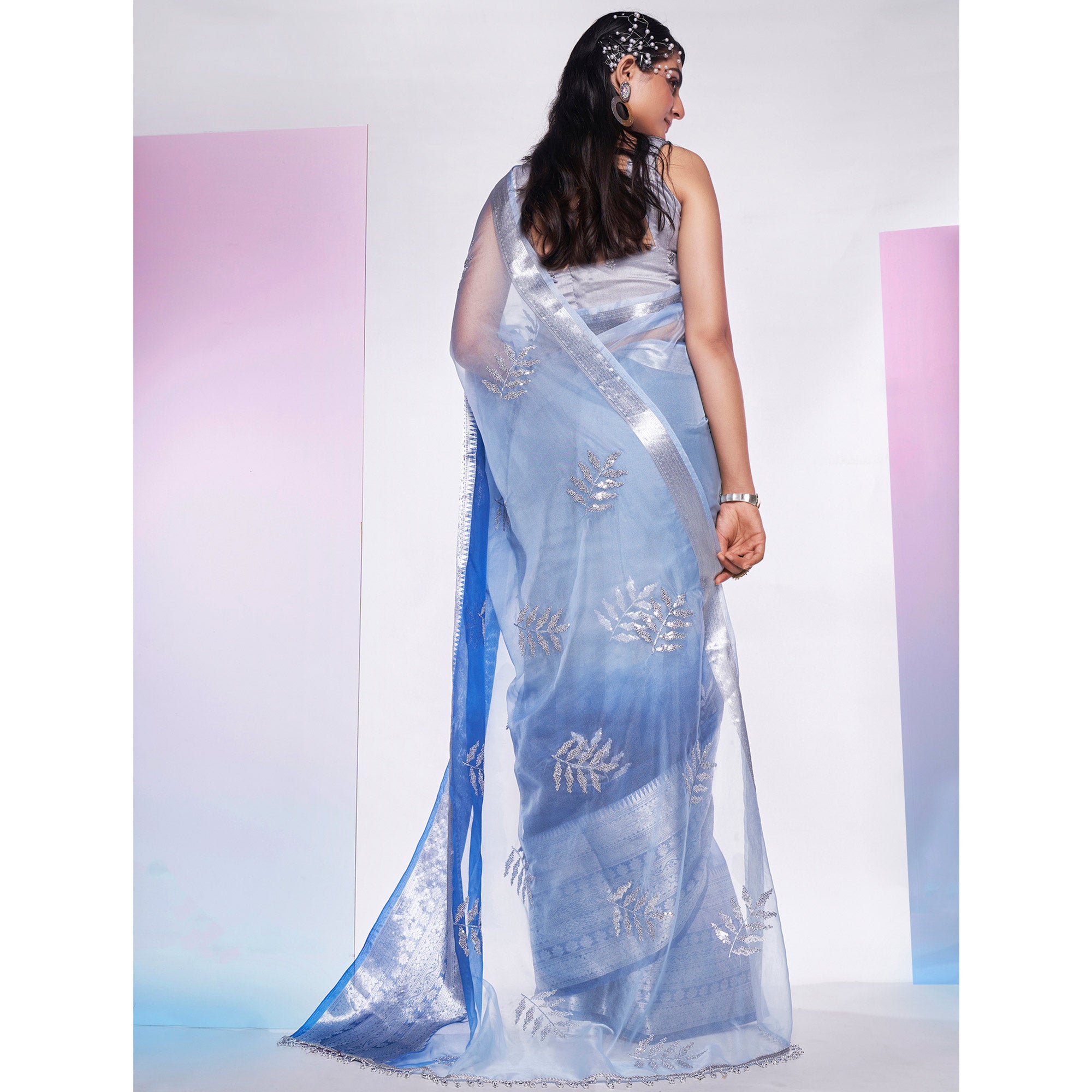 Blue Sequins Embroidered Organza Saree
