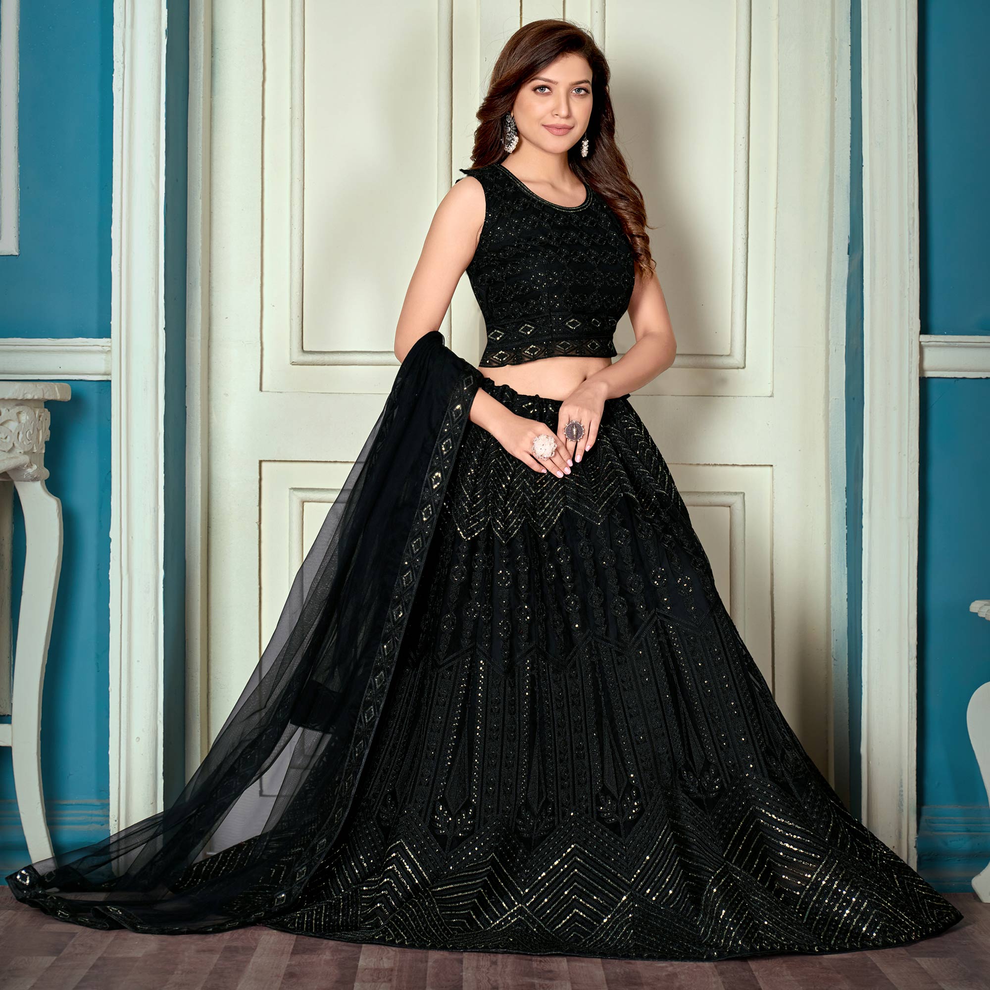 Black Sequins Embroidered Netted Lehenga Choli