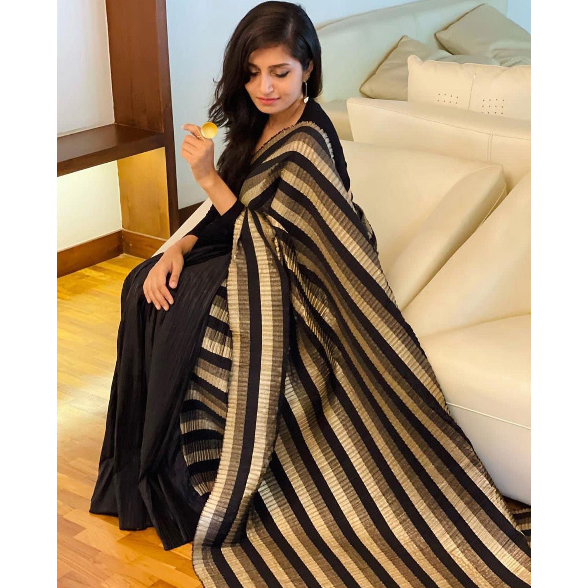 Black Striped Printed Georgette Half & Half Saree