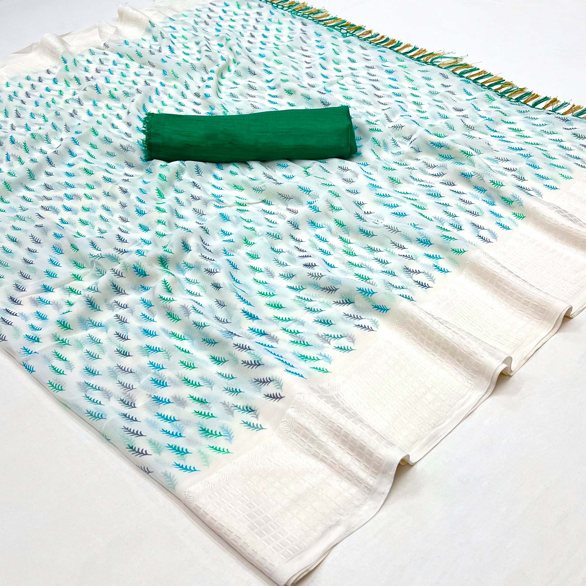 White Printed With Checks Border Georgette Saree