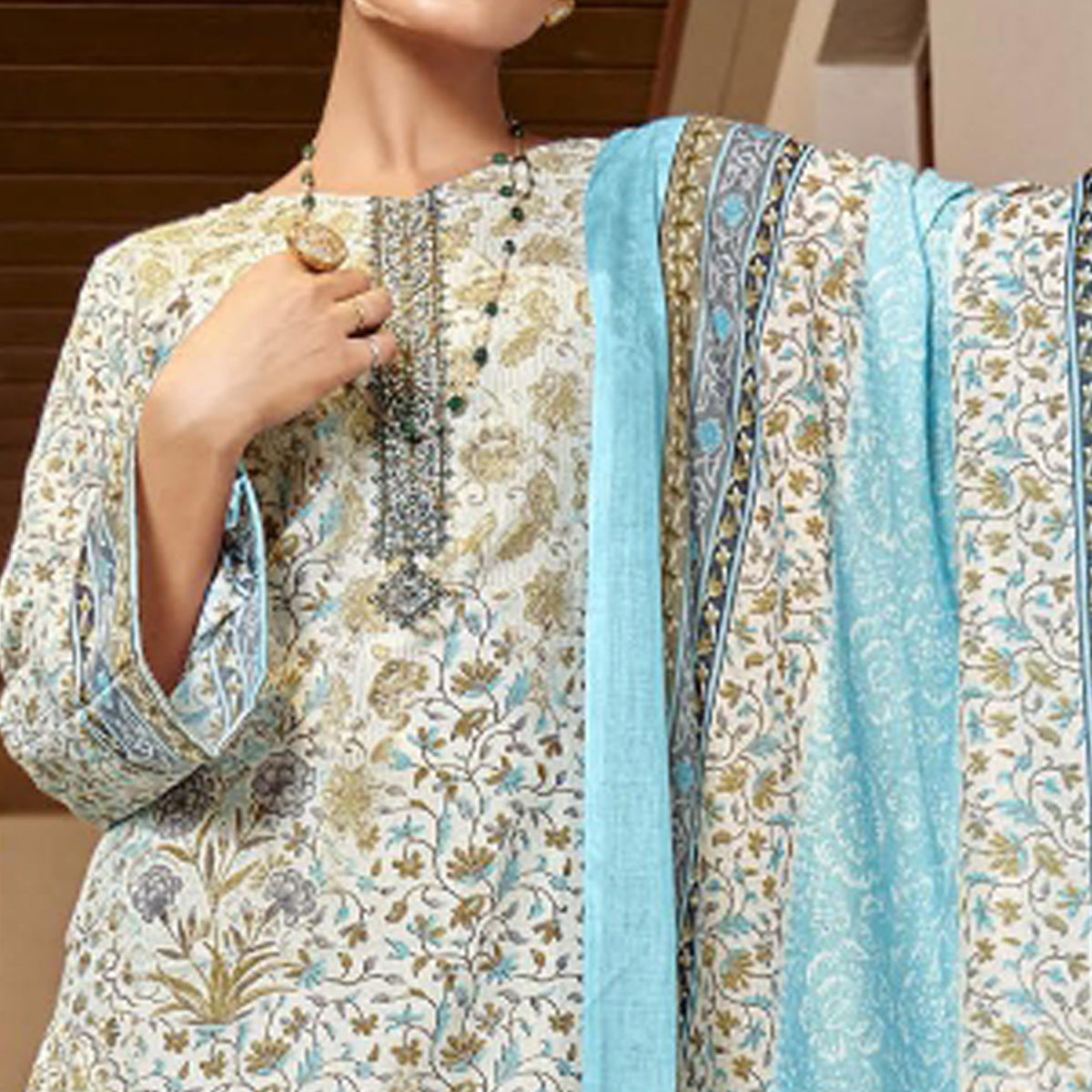 White & Blue Floral Print With Embroidered Pure Cotton Salwar Suit