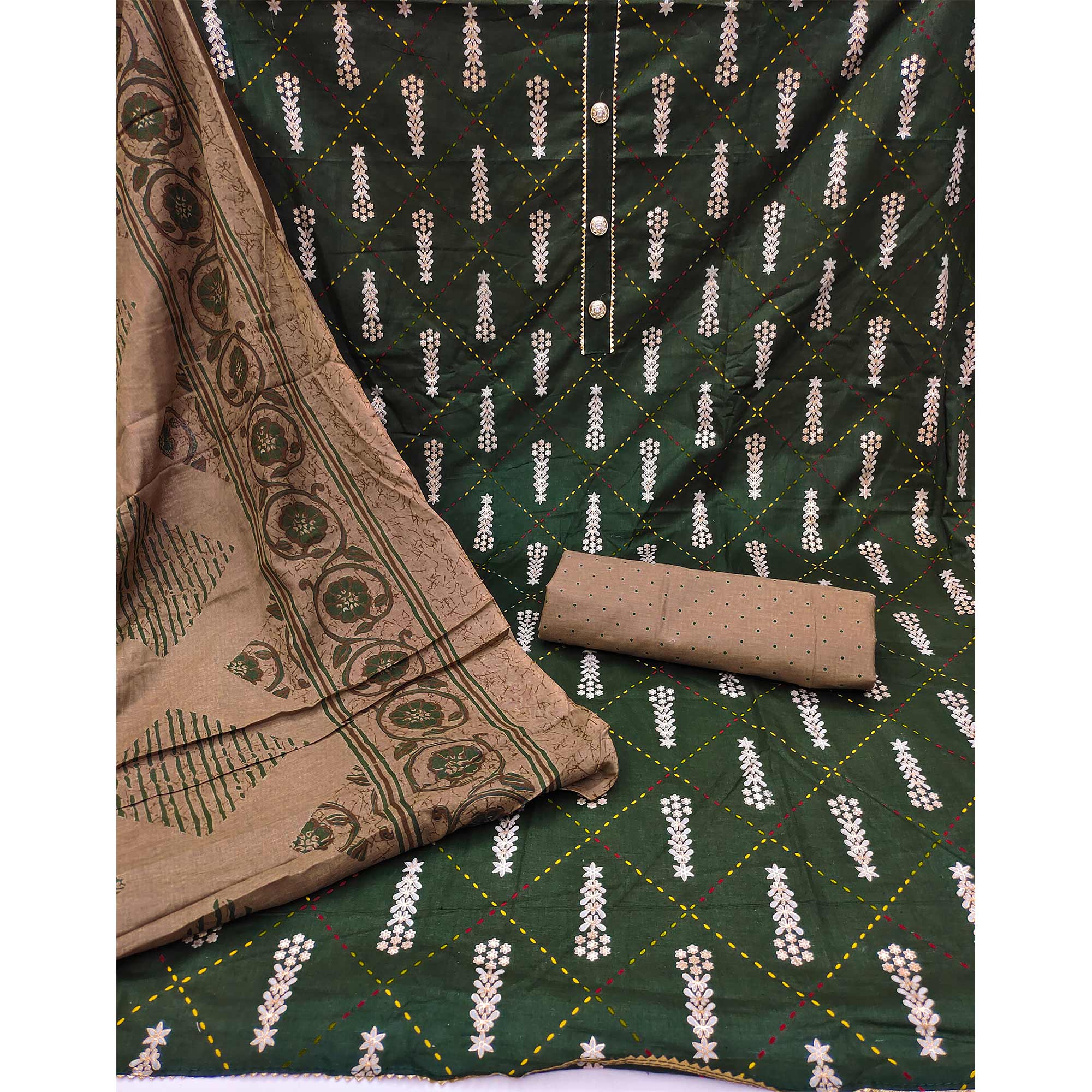 Green Printed Pure Cotton Dress Material