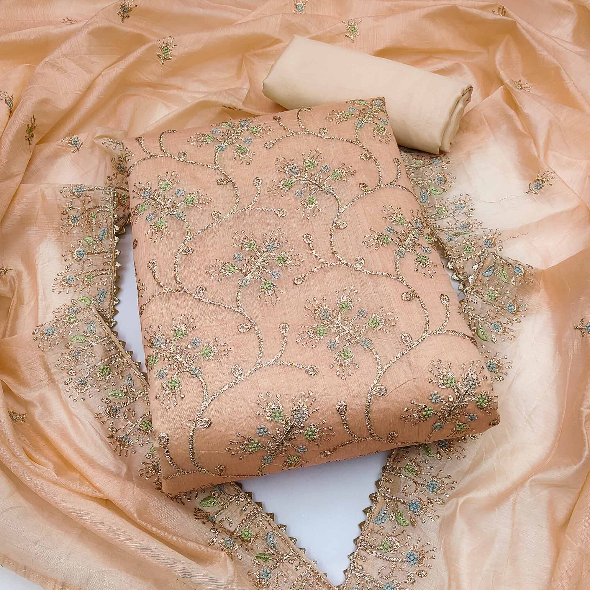 Peach Floral Embroidered Chanderi Dress Material