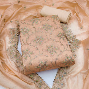 Peach Floral Embroidered Chanderi Dress Material