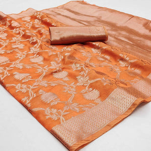 Orange Floral Woven Organza Saree
