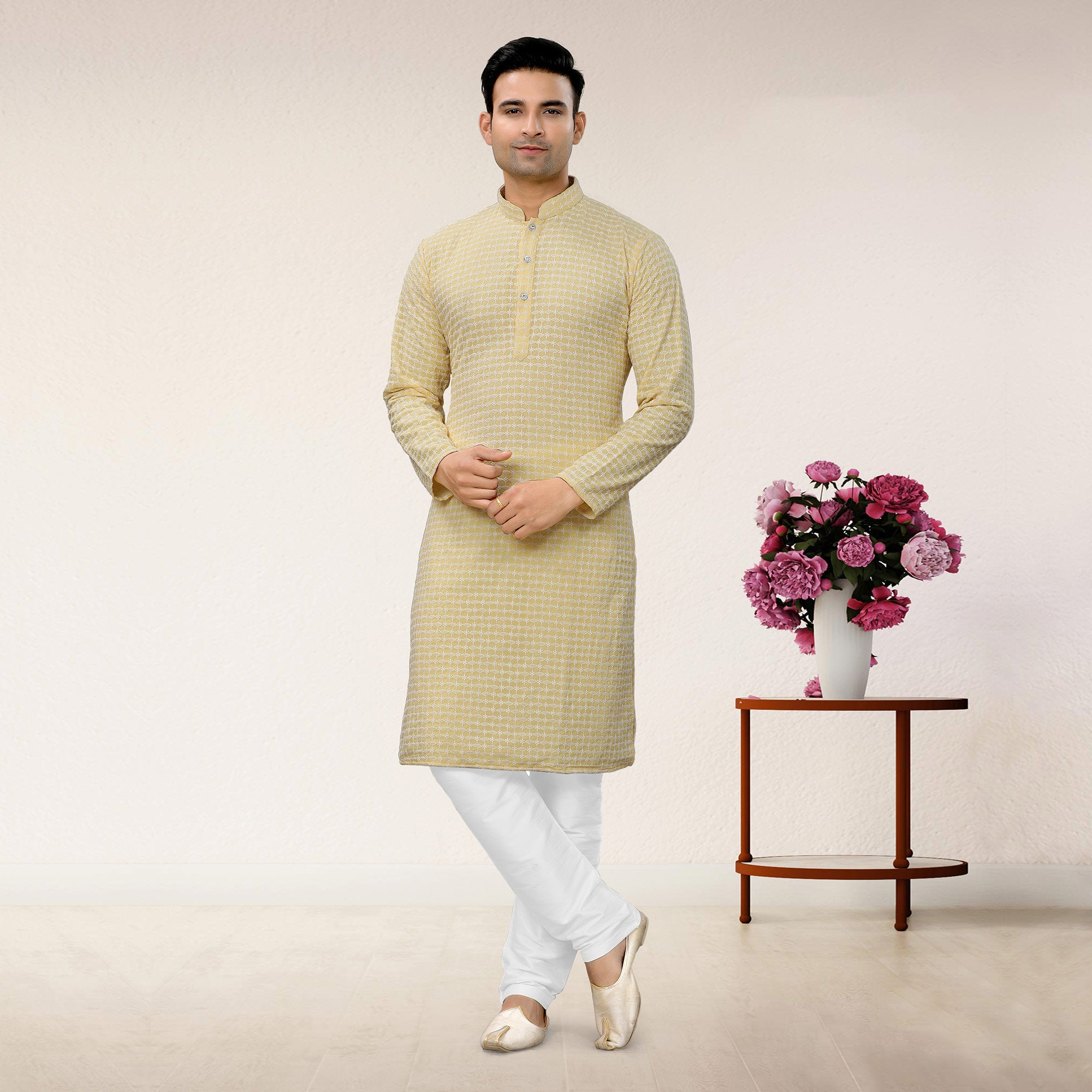 Yellow Lucknowi Embroidered Georgette Kurta Pyjama Set