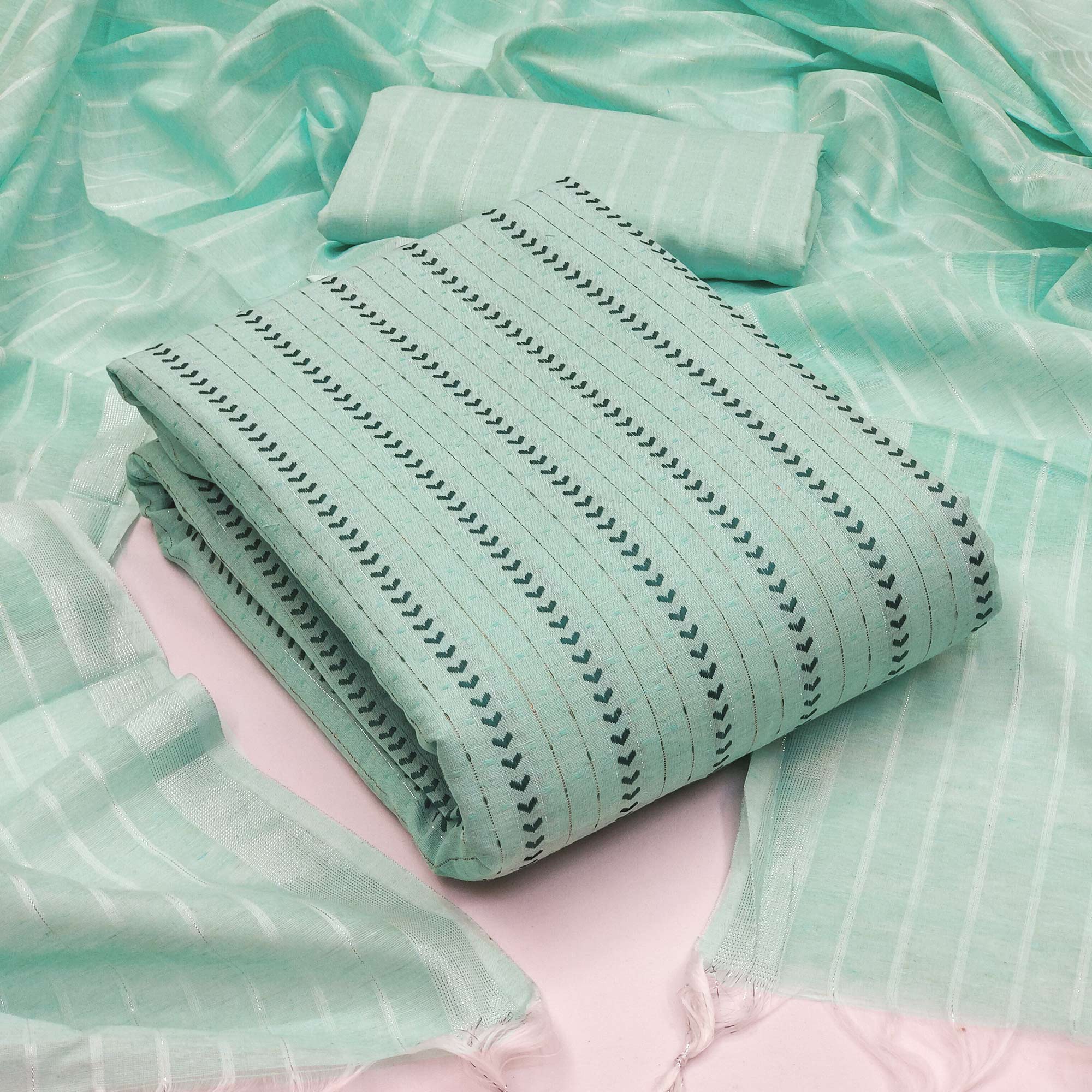 Sea Green Woven Cotton Blend Dress Material