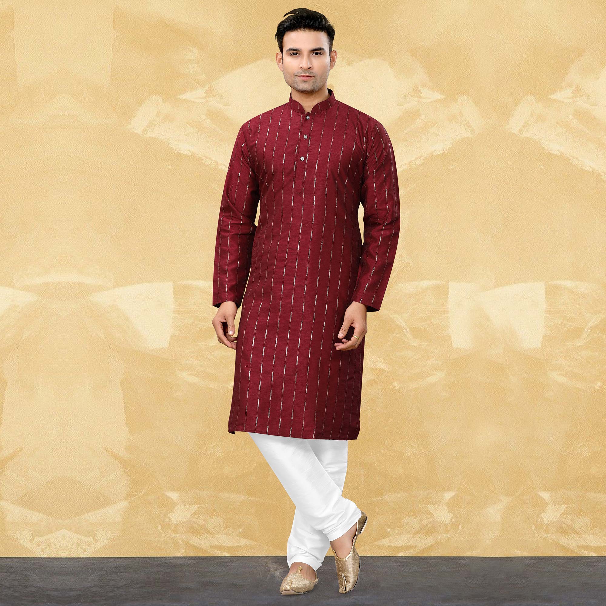 Red Sequins Embroidered Art Silk Kurta Pyjama Set