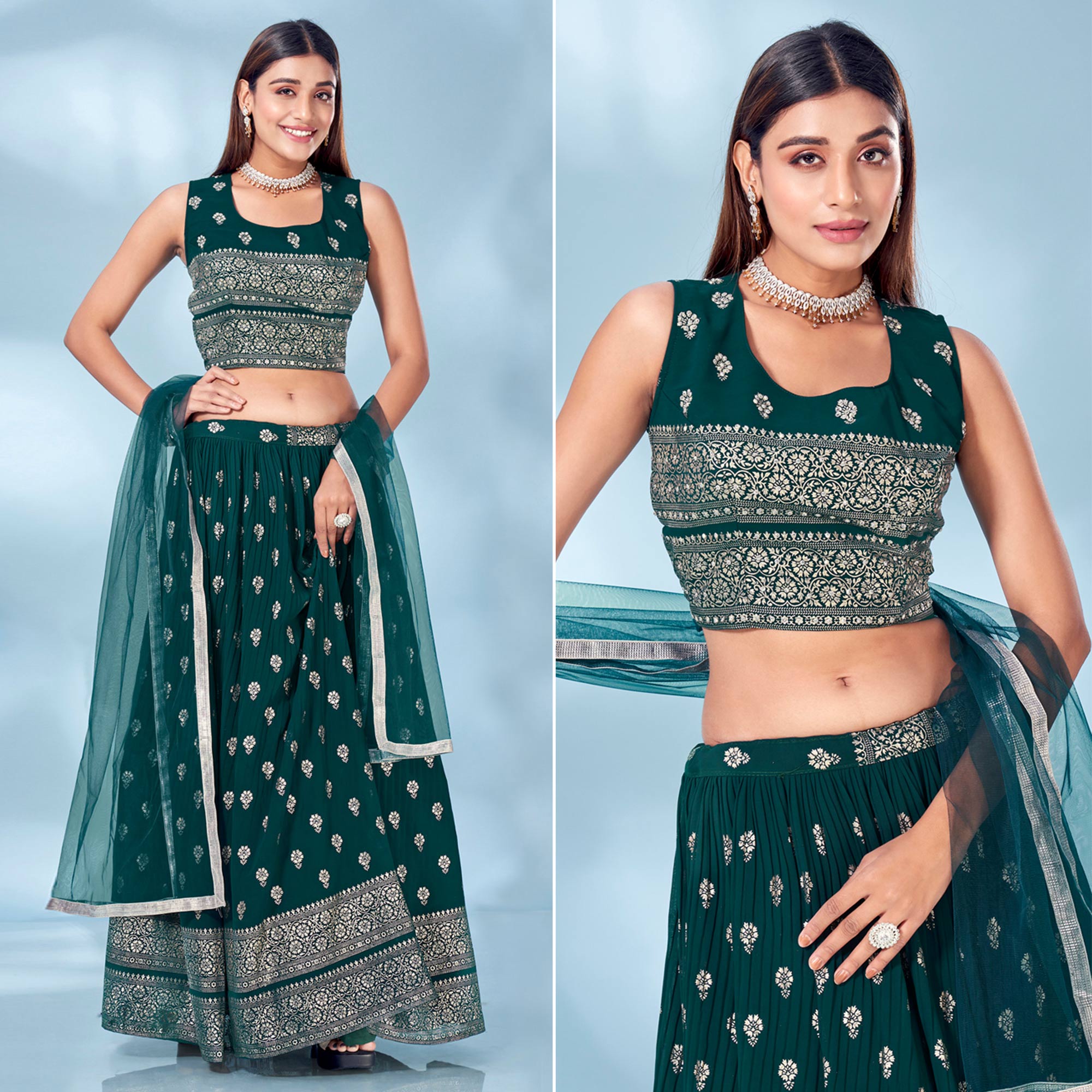 Bottle Green Floral Foil Printed Chiffon Lehenga Choli