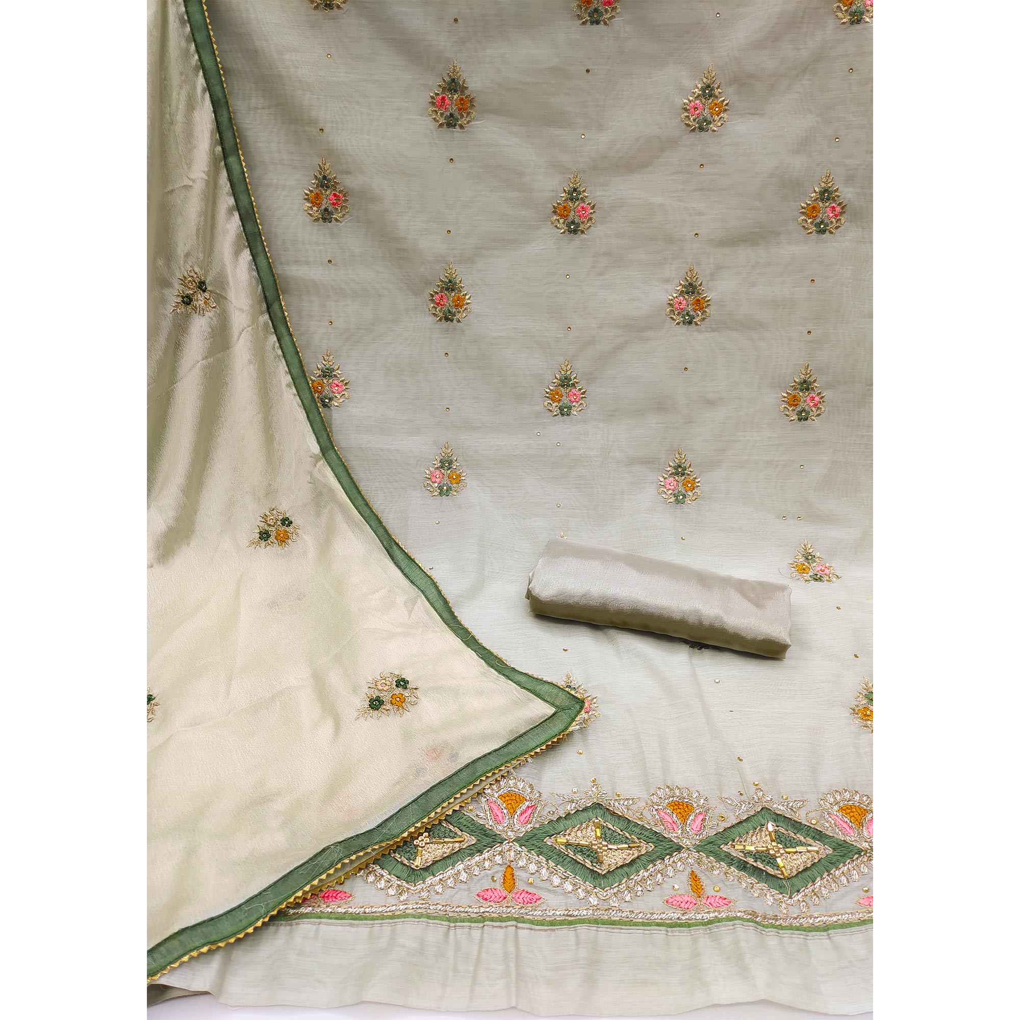 Grey Floral Embroidered Modal Dress Material