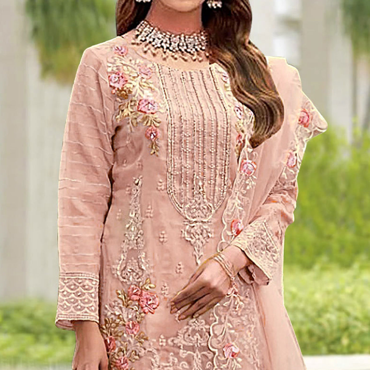 Peach Floral Embroidered Organza Pakistani Suit