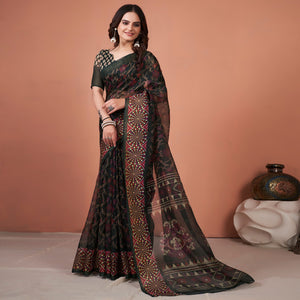 Black Printed Cotton Saree With Tassels