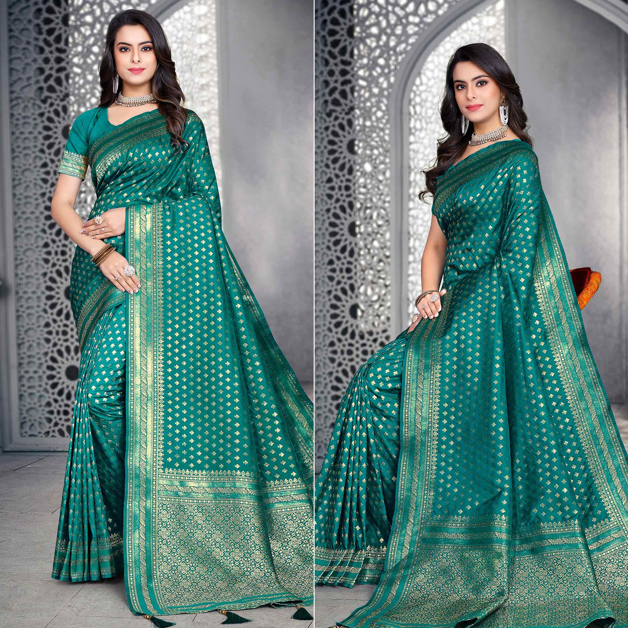 Rama Green Woven Banarasi Silk Saree With Tassels
