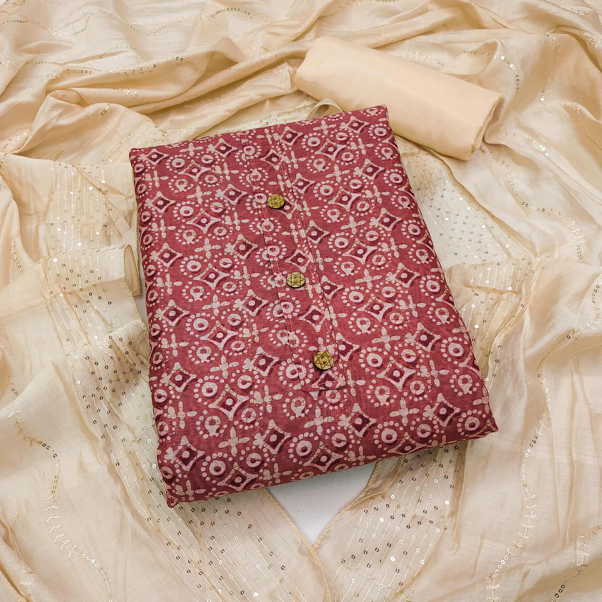 Rust Digital Printed Chanderi Dress Material