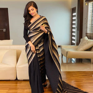 Black Striped Printed Georgette Half & Half Saree