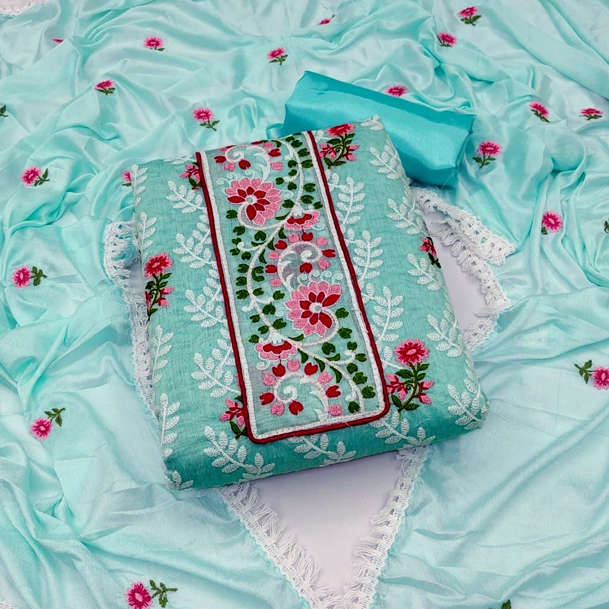 Turquoise Floral Embroidered Chanderi Dress Material