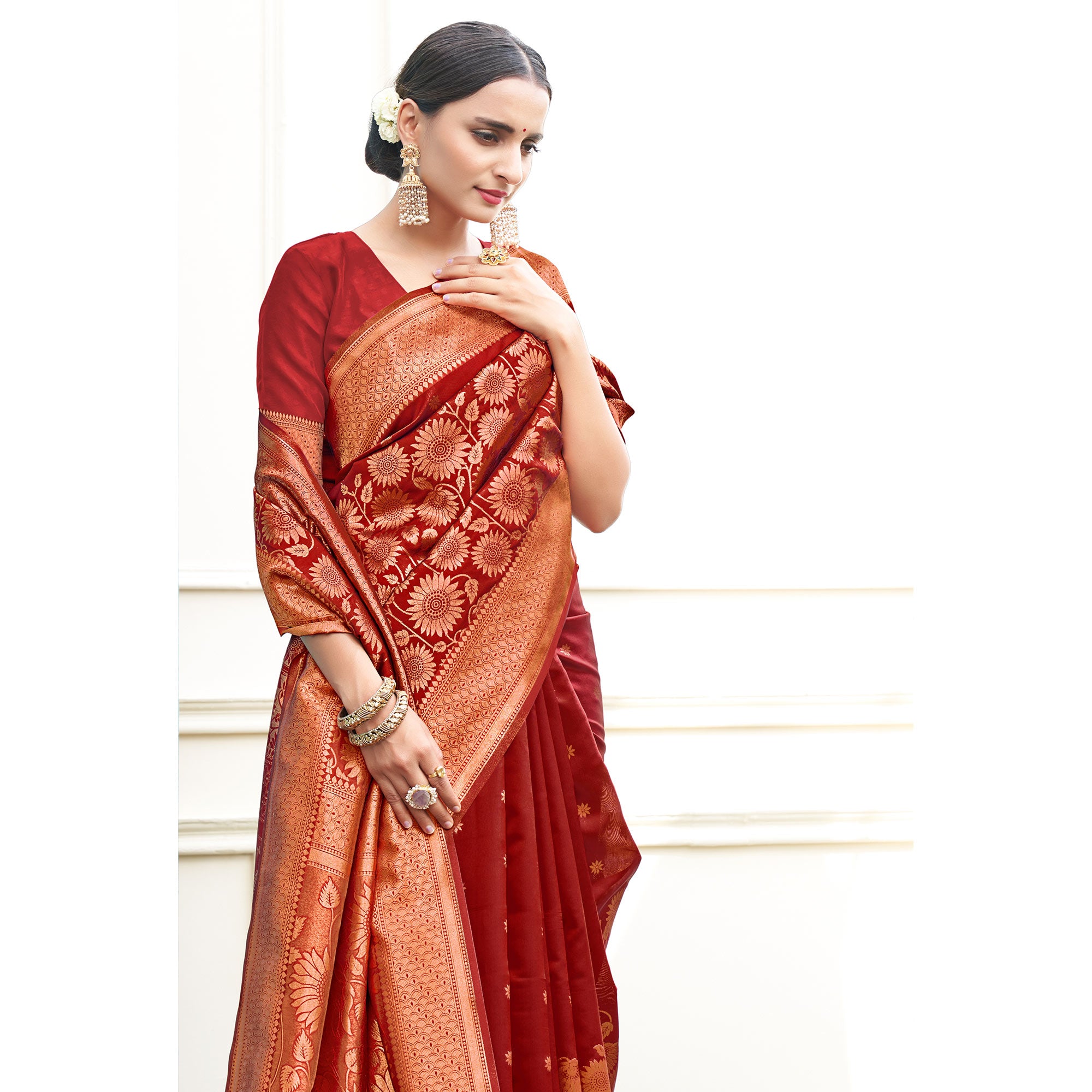 Red Floral Woven Art Silk Saree