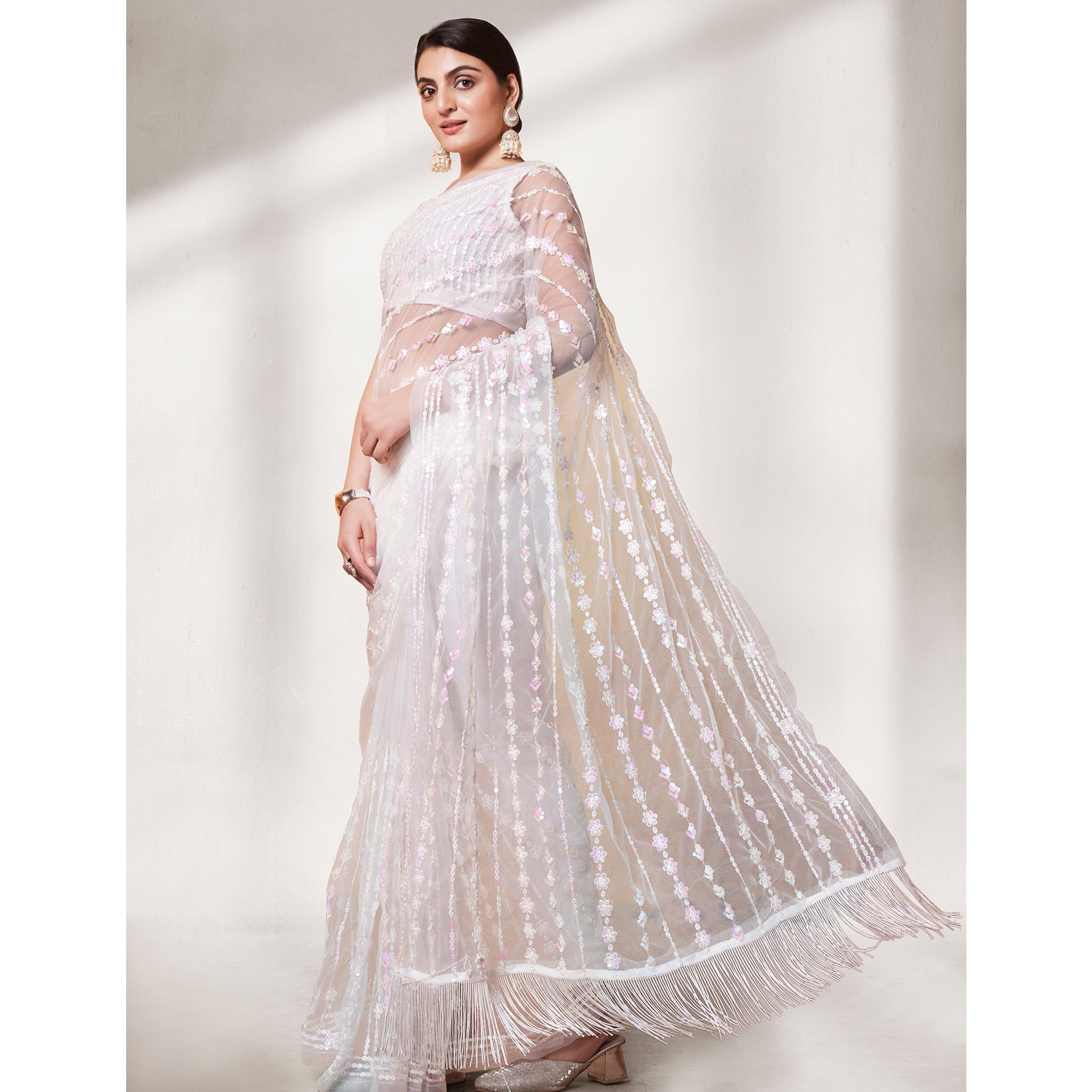 White Sequins Floral Embroidered Soft Net Saree