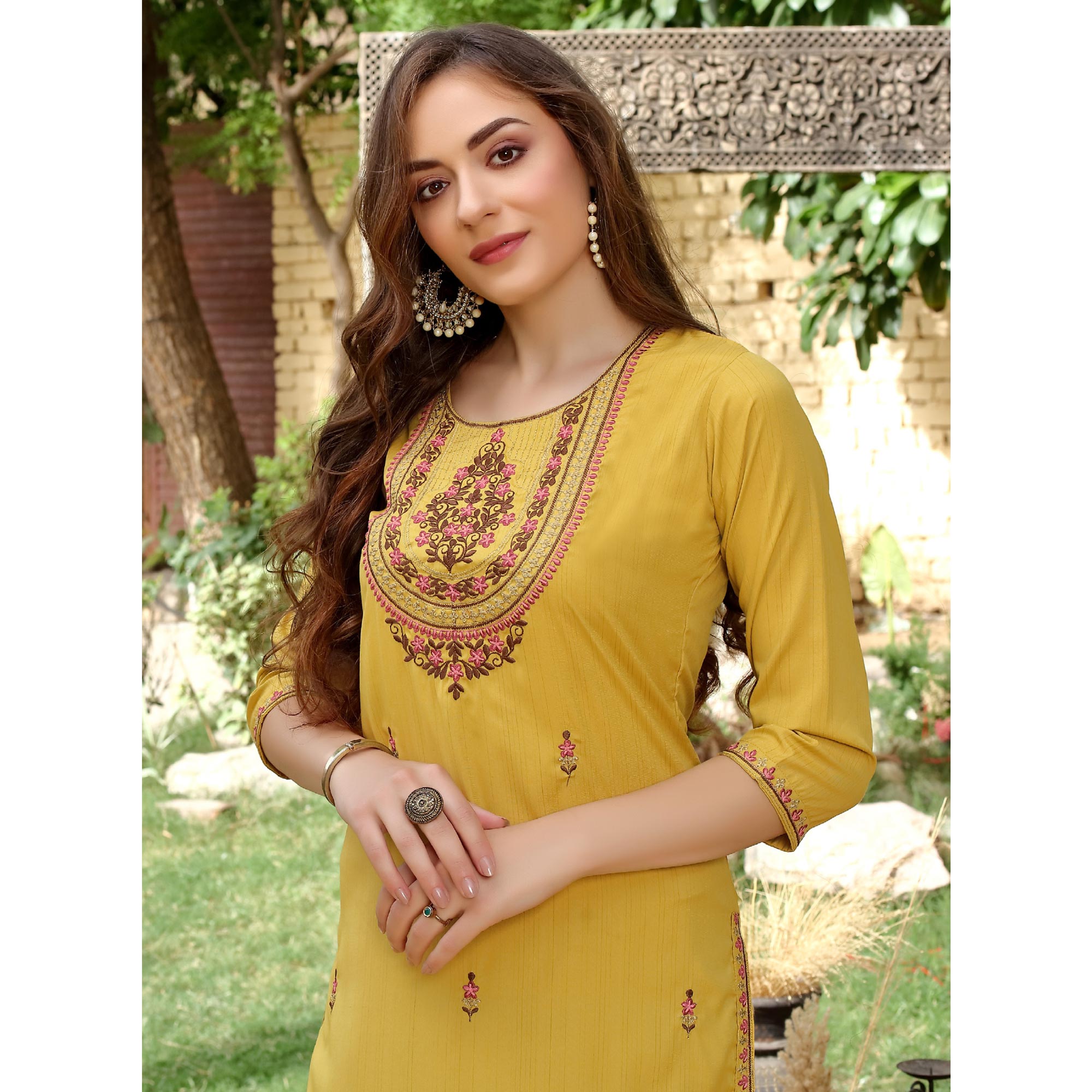Yellow Floral Embroidered Muslin Kurti