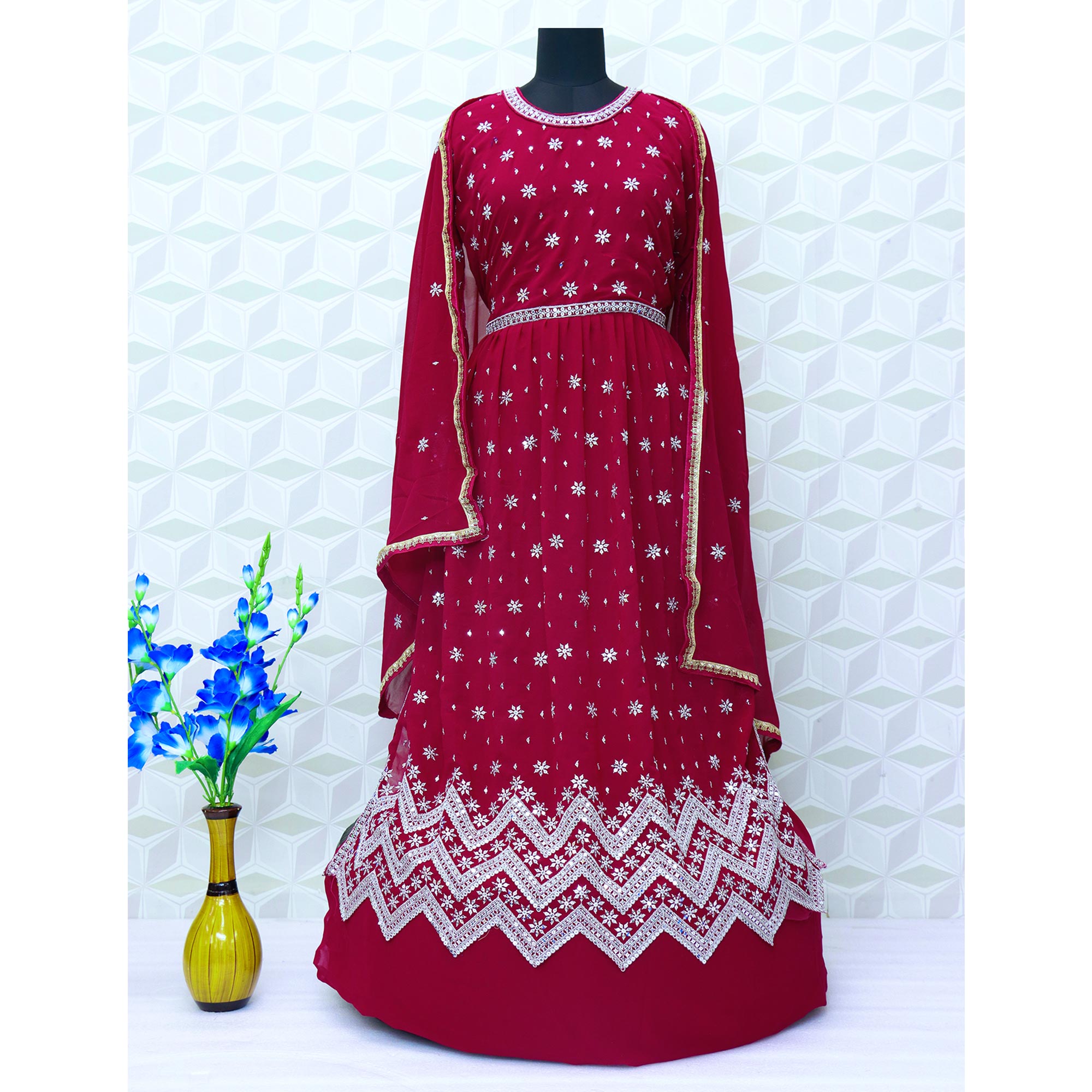 Rani Pink Sequins Embroidered Georgette Semi Stitched Naira Cut Suit