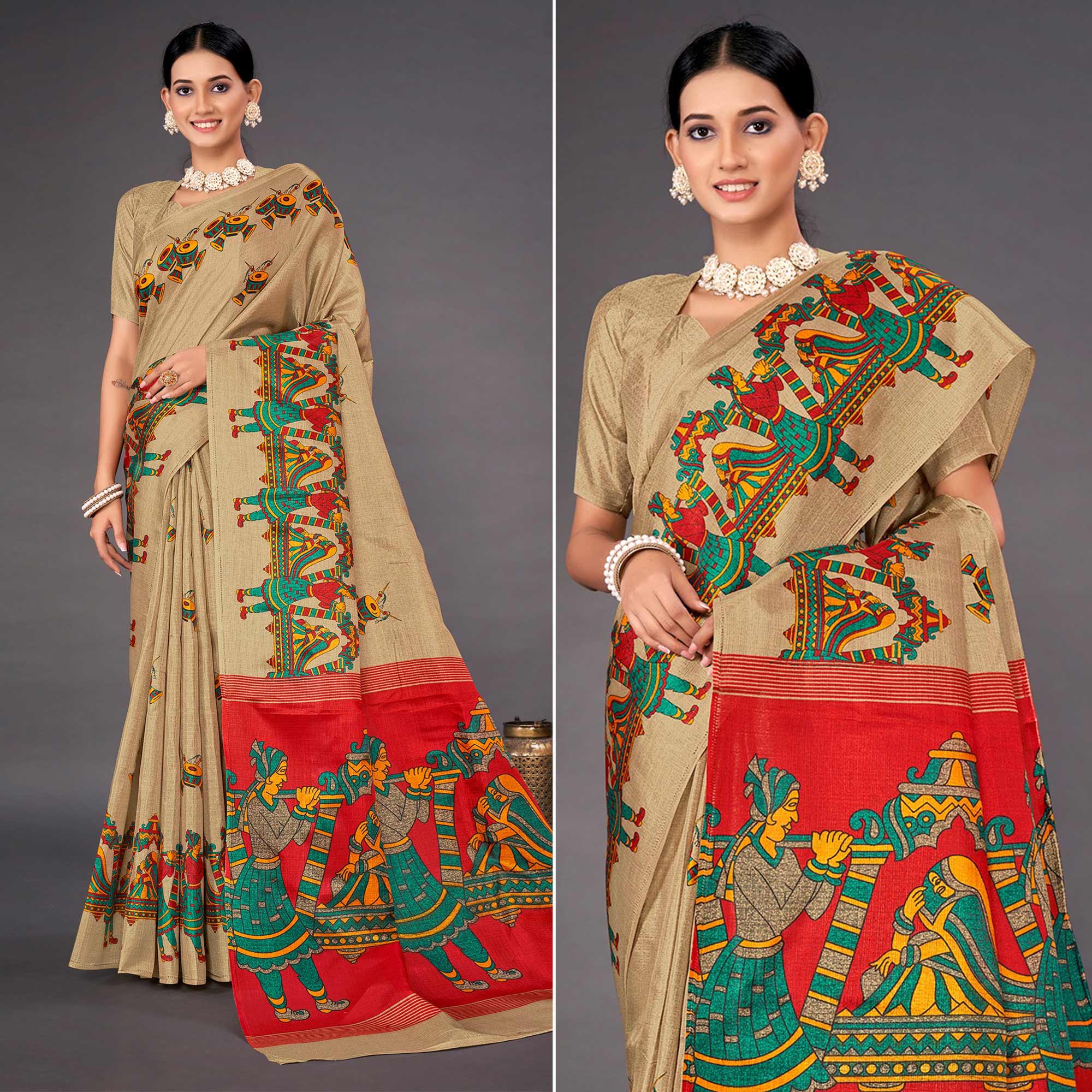 Beige Printed Bhagalpuri Silk Saree