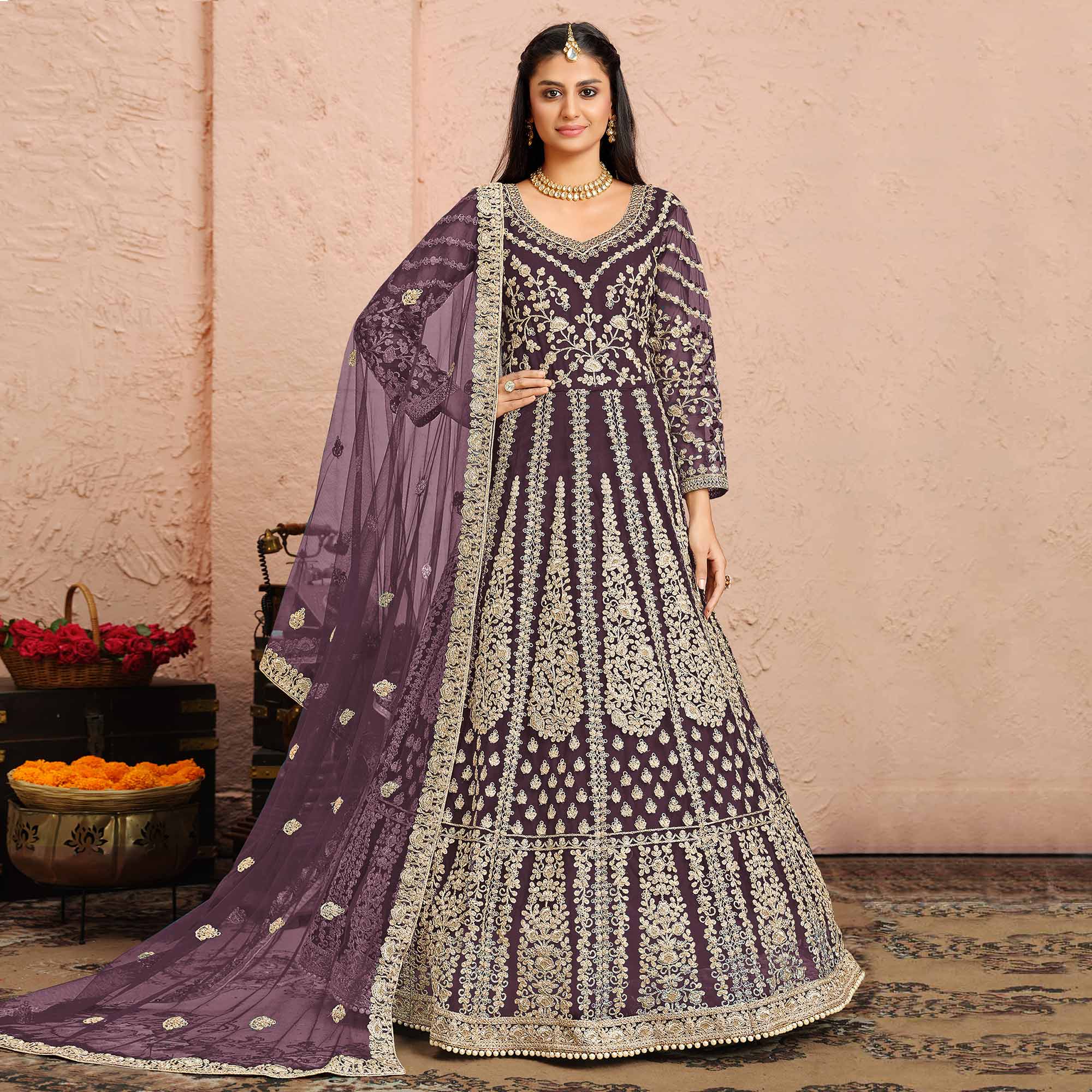 Mauve Floral Embroidered Net Gown