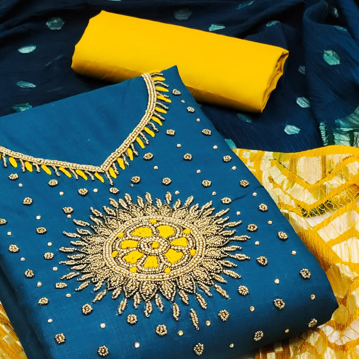 Blue Pearl Handwork Cotton Slub Dress Material