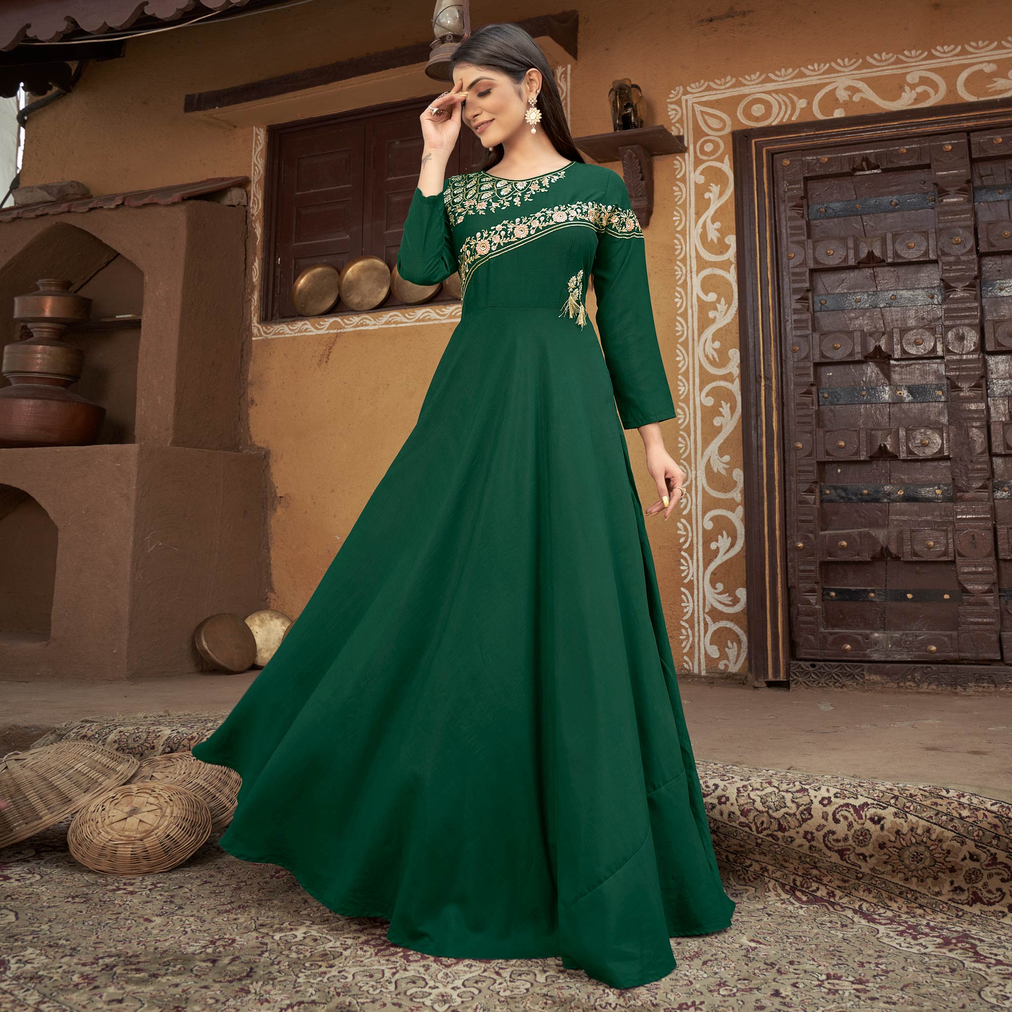 Bottle Green Floral Embroidered Muslin Gown