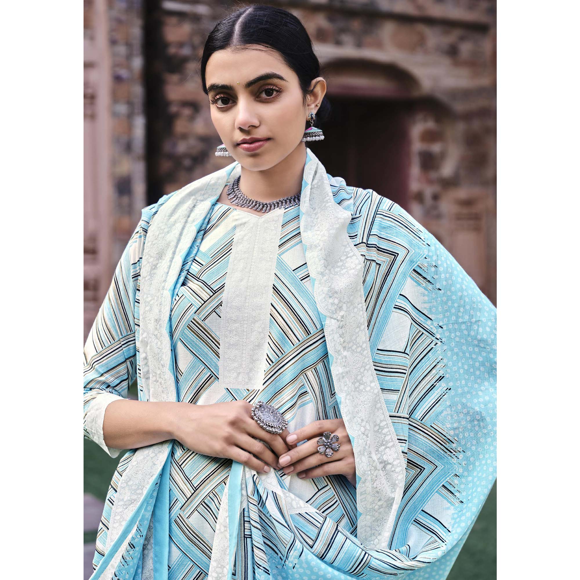 Blue Printed Pure Cotton Salwar Suit