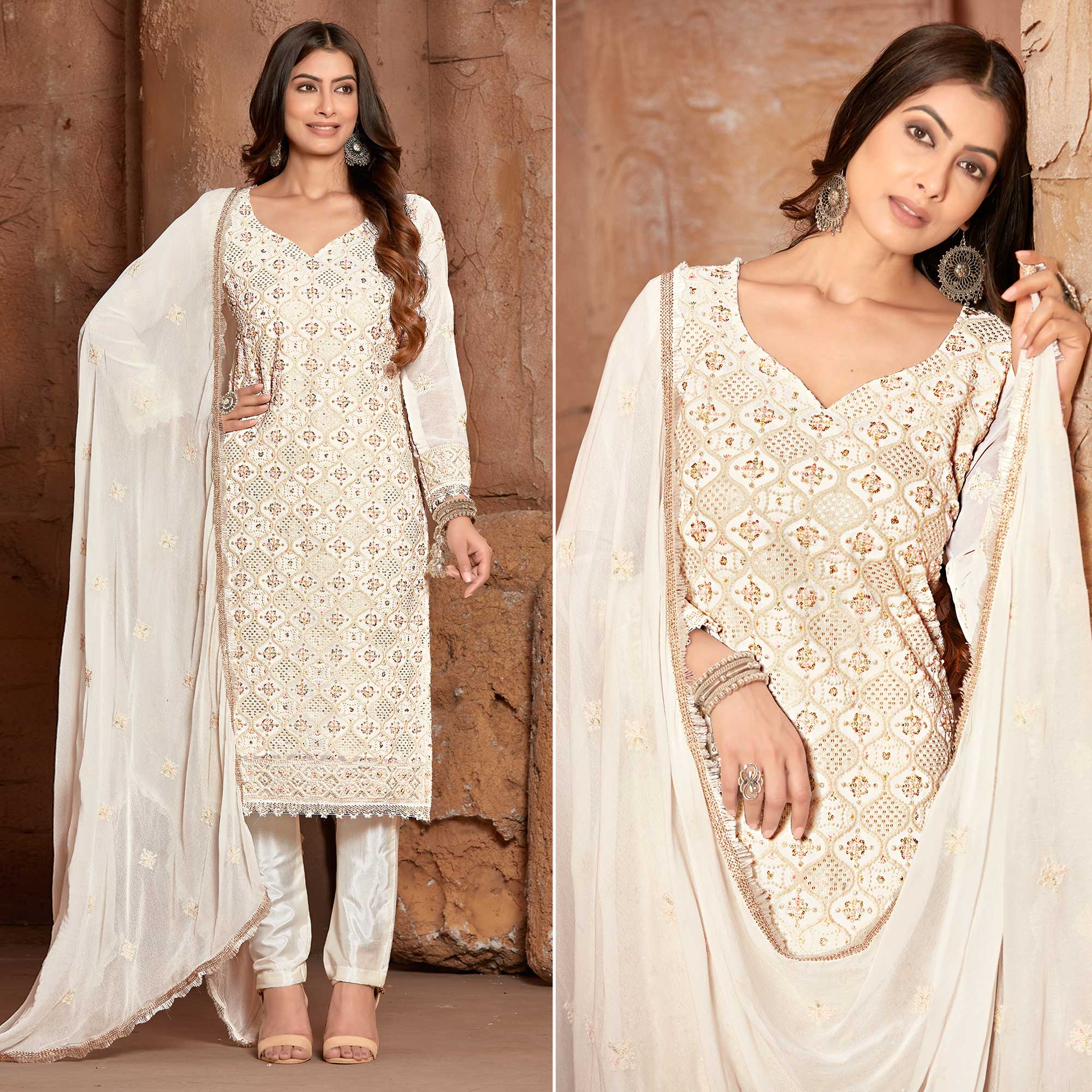 White Lucknowi Embroidered Georgette Suit