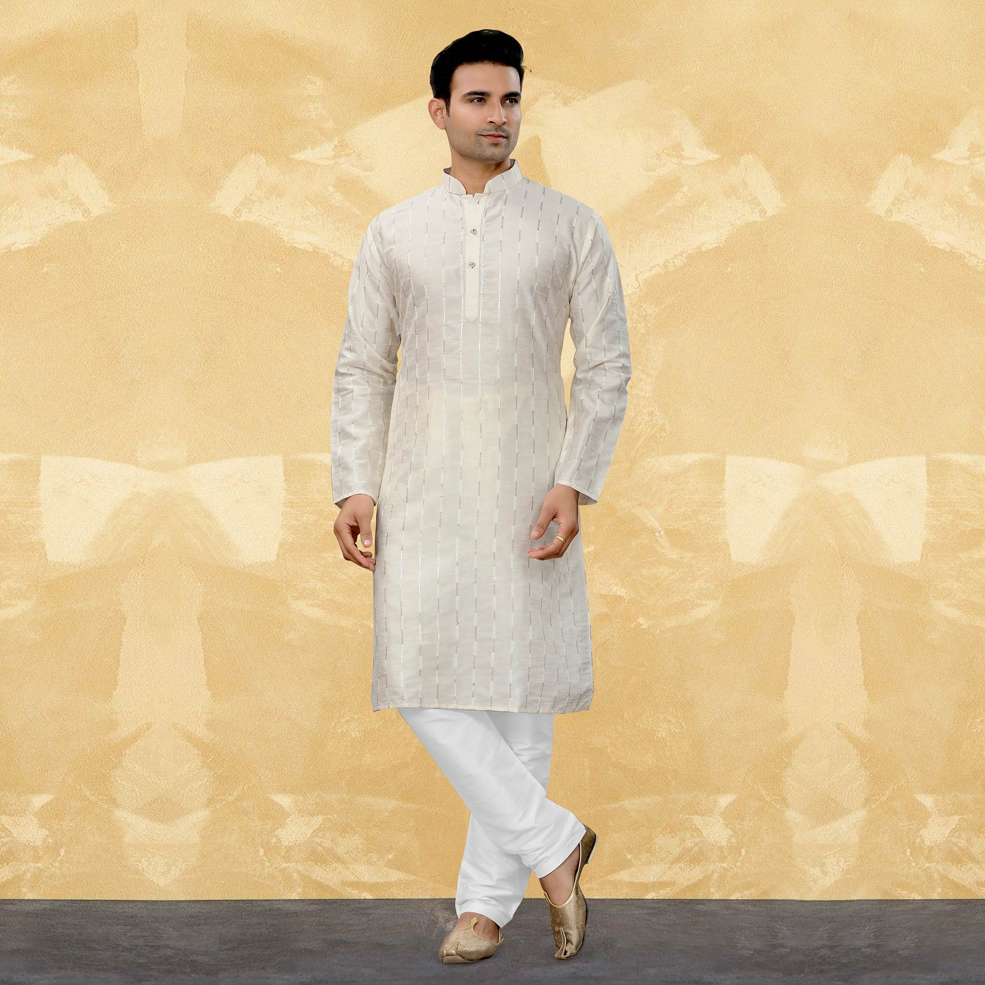 Cream Sequins Embroidered Art Silk Kurta Pyjama Set