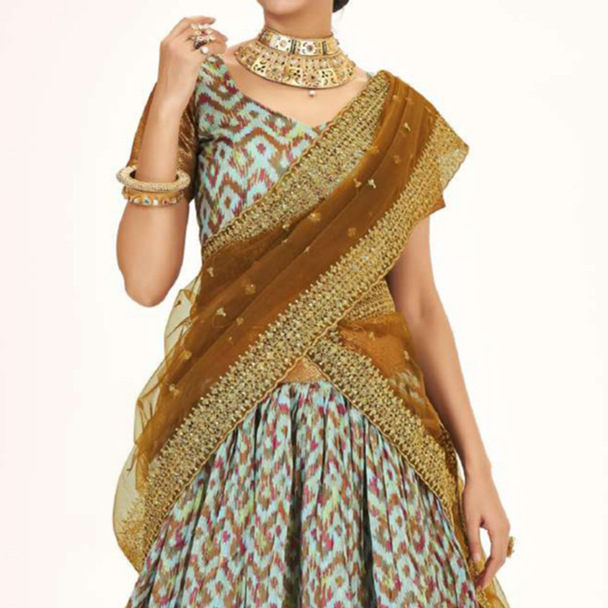 Light Blue Digital Printed With Zari Work Art Silk Lehenga Choli