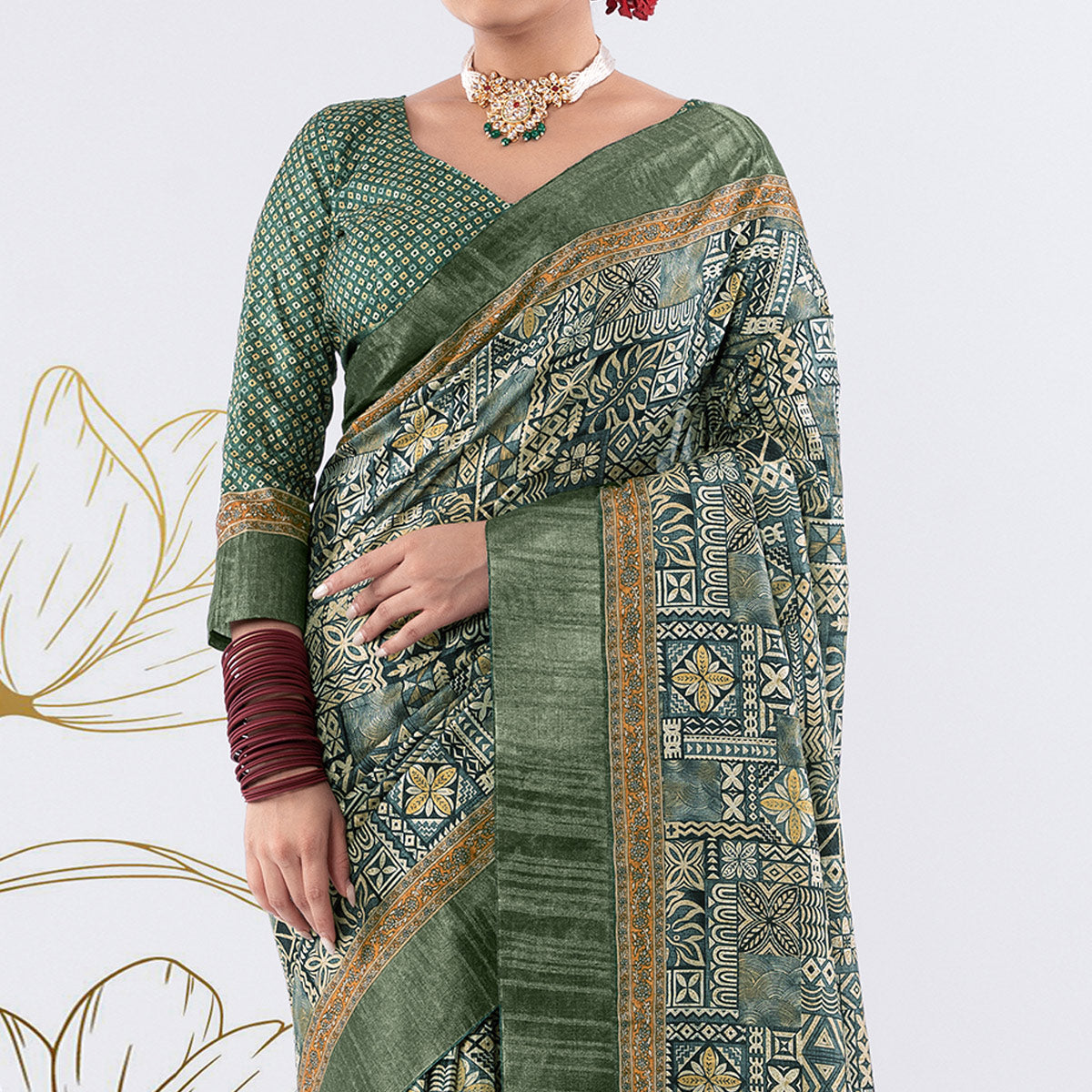 Green Printed Art Silk Saree