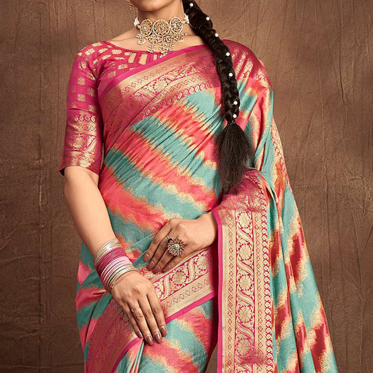 Blue & Pink Woven Art Silk Saree