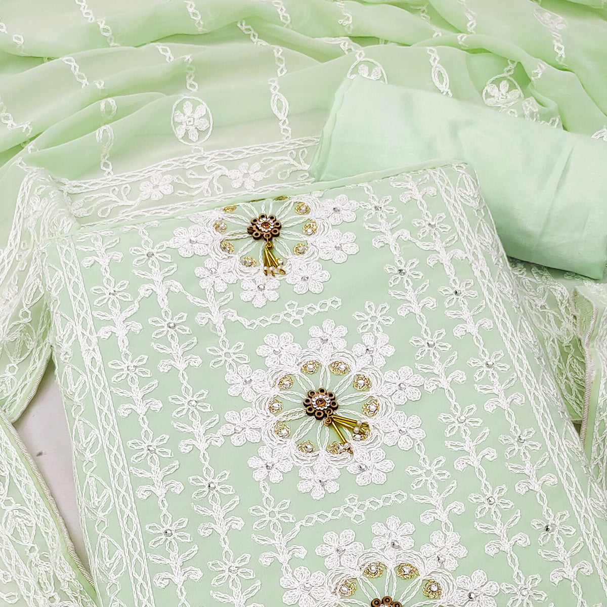 Green Lucknowi Embroidered Georgette Dress Material