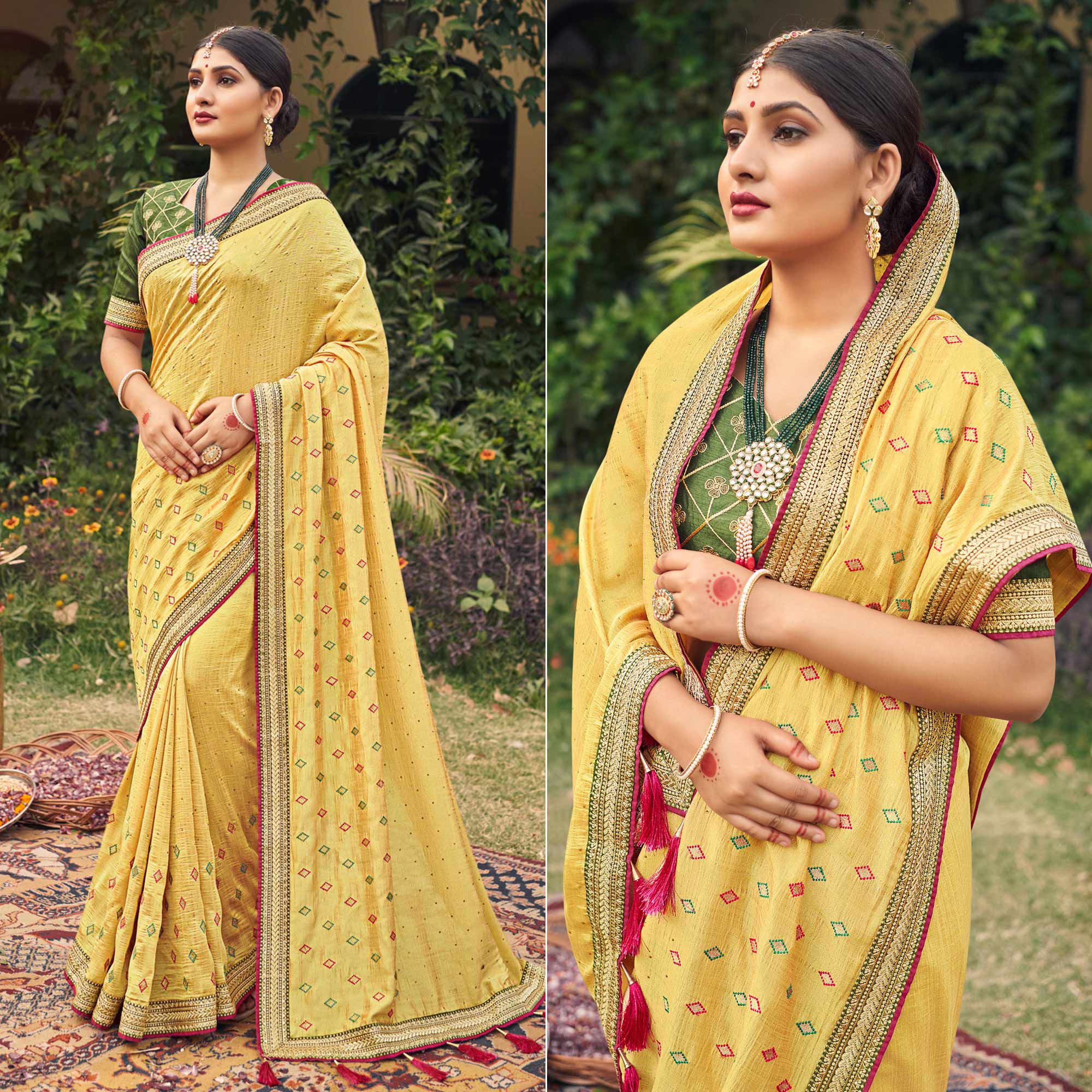 Yellow Embroidered With Stone Work Vichitra Silk Saree