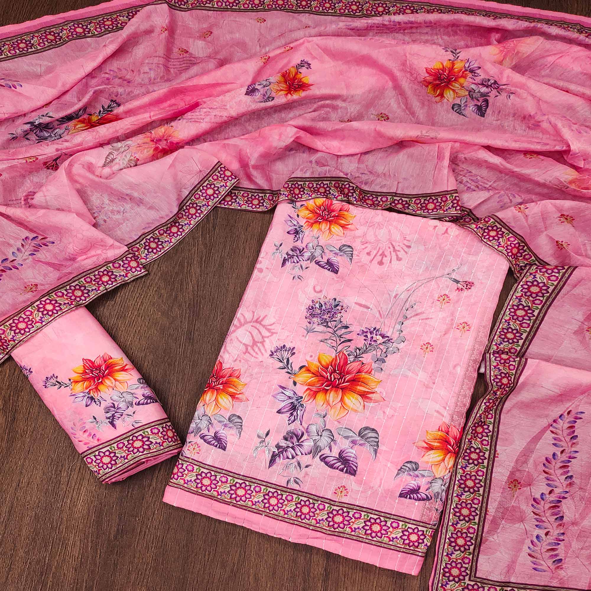 Pink Floral Digital Printed Muslin Dress Material