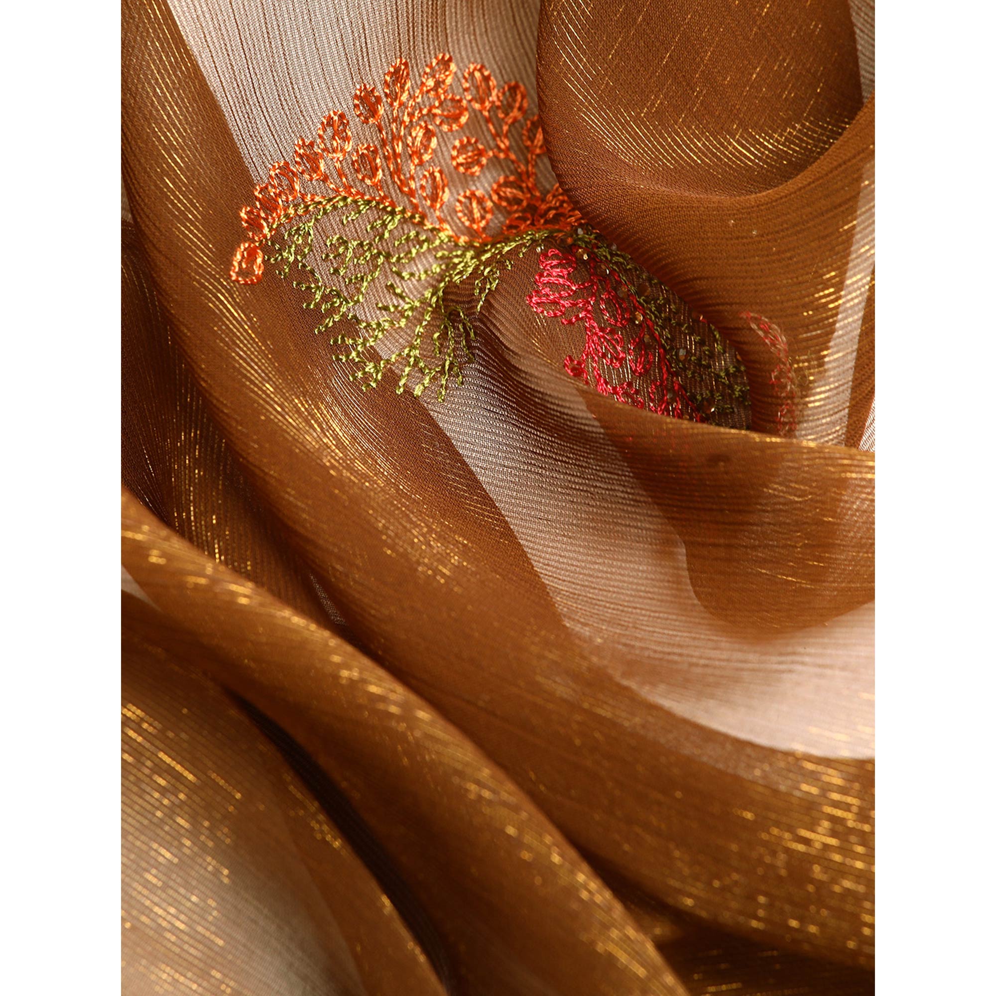 Brown Swarovski With Embroidery Work Chiffon Saree